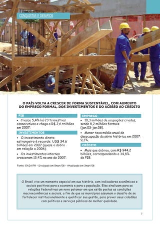 7
O Brasil vive um momento especial em sua história, com indicadores econômicos e
sociais positivos para a economia e para a população. Eles sinalizam para as
relações federativas um novo patamar em que estão postas as condições
macroeconômicas e sociais, a fim de que os municípios assumam o desafio de se
fortalecer institucionalmente e qualificar sua gestão, para prover seus cidadãos
com políticas e serviços públicos de melhor qualidade.
O PAÍS VOLTA A CRESCER DE FORMA SUSTENTÁVEL, COM AUMENTO
DO EMPREGO FORMAL, DOS INVESTIMENTOS E DO ACESSO AO CRÉDITO
Fonte: GAIA/PR – Divulgado em 5mar/08 – Atualizado em 3mar/08
PIB
• Cresce 5,4% há 23 trimestres
consecutivos e chega a R$ 2,6 trilhões
em 2007.
INVESTIMENTOS
• O investimento direto
estrangeiro é recorde: US$ 34,6
bilhões em 2007 (quase o dobro
em relação a 2006).
• Os investimentos internos
cresceram 13,4% no ano de 2007.
EMPREGO
• 10,3 milhões de ocupações criadas,
sendo 8,2 milhões formais
(jan.03-jan.08).
• Menor taxa média anual de
desocupação da série histórica em 2007:
9,3%.
CRÉDITO
• Mais que dobrou, com R$ 944,2
bilhões, correspondendo a 34,8%
do PIB.
CONQUISTAS E DESAFIOS
 