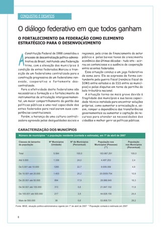 8
A
Constituição Federal de 1988 consolidou o
processo de descentralização político-adminis-
trativa do Brasil, instituindo uma Federação
trina, com a elevação dos municípios à
condição de entes federados.Marcou a tran-
sição de um federalismo centralizado para a
construção progressiva de um federalismo ren-
ovado, cooperativo e fortemente des-
centralizado.
Para a efetividade deste federalismo são
necessários a formação e o fortalecimento de
instrumentos de articulação intergovernamen-
tal, um maior compartilhamento da gestão das
políticas públicas e uma real capacidade dos
entes federados para realizarem suas com-
petências constitucionais.
Porém, a herança de uma cultura centrali-
zadora agravada pelas desigualdades sociais e
regionais, pela crise de financiamento do setor
público e pelas baixas taxas de crescimento
econômico das últimas décadas - tudo isto - acir-
rou os contenciosos e a ausência de cooperação
entre os entes federados.
Essa situação conduz a um jogo federativo
de soma zero. Ele se expressa de forma con-
tundente pela guerra fiscal (renúncia fiscal do
ICMS entre estados e do ISS entre os municí-
pios) e pelas disputas em torno da partilha do
bolo tributário nacional.
A situação torna-se mais grave devido à
fragilidade dos municípios e sua baixa capaci-
dade técnica instalada para encontrar soluções
próprias, como aumentar a arrecadação e, as-
sim, romper a dependência das transferências
governamentais ou aumentar a captação de re-
cursos para atender as necessidades dos
cidadãos e melhor gerir as políticas públicas.
O FORTALECIMENTO DA FEDERAÇÃO COMO ELEMENTO
ESTRATÉGICO PARA O DESENVOLVIMENTO
CONQUISTAS E DESAFIOS
O diálogo federativo em que todos ganham
Número de municípios * e população residente (contada e estimada), em 1º de abril de 2007
Fonte: IBGE, situação político-administrativa vigente em 1º de abril de 2007 * População contada e estimada em 2007
Classes de tamanho Nº Municípios Nº de Municípios População nos População
da população (Unidade) (Percentual) Municípios (Pessoas) nos Municípios
(**) (Percentual)
Total 5.564 100,0 183.987.291 100,0
Até 5.000 1.336 24,0 4.497.253 2,4
De 5.001 até 10.000 1265 22,7 9.009.356 4,9
De 10.001 até 20.000 1.403 25,2 20.0009.754 10,9
De 20.001 até 50.000 994 17,9 29.986.945 16,3
De 50.001 até 100.000 313 5,6 21.847.102 11,9
De 100.001 até 500.000 217 3,9 44.828.150 24,4
Mais de 500.000 36 0,6 53.808.731 29,2
CARACTERIZAÇÃO DOS MUNICÍPIOS
 