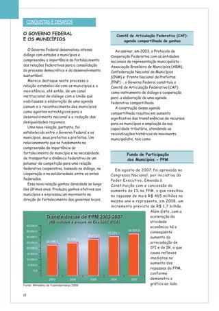 10
CONQUISTAS E DESAFIOS
Comitê de Articulação Federativa (CAF):
agenda compartilhada de ganhos
Ao assinar, em 2003, o Protocolo de
Cooperação Federativa com as entidades
nacionais de representação municipalista -
Associação Brasileira de Municípios (ABM),
Confederação Nacional de Municípios
(CNM) e Frente Nacional de Prefeitos
(FNP) -, o Governo Federal constituiu o
Comitê de Articulação Federativa (CAF)
como instrumento de diálogo e cooperação
para a elaboração de uma agenda
federativa compartilhada.
A construção dessa agenda
compartilhada resultou em aumento
signiﬁcativo das transferências de recursos
para os municípios e ampliação da sua
capacidade tributária, atendendo as
reivindicações históricas do movimento
municipalista, tais como:
Fundo de Participação
dos Municípios - FPM
Em agosto de 2007, foi aprovada no
Congresso Nacional, por iniciativa do
Poder Executivo, Emenda à
Constituição com a concessão do
aumento de 1% no FPM, o que resultou
no repasse de mais R$ 465 milhões no
mesmo ano e representa, em 2008, um
incremento previsto de R$ 1,7 bilhão.
Além disto, com a
aceleração da
atividade
econômica há o
conseqüente
aumento da
arrecadação de
IPI e do IR, o que
causa reflexos
imediatos no
aumento dos
repasses do FPM,
conforme
demonstra o
gráfico ao lado.
O GOVERNO FEDERAL
E OS MUNICÍPIOS
O Governo Federal desenvolveu intenso
diálogo com estados e municípios e
compreendeu a importância do fortalecimento
das relações federativas para a consolidação
do processo democrático e do desenvolvimento
sustentável.
Merece destaque neste processo a
relação estabelecida com os municípios e a
inexistência, até então, de um canal
institucional de diálogo com a União que
viabilizasse a elaboração de uma agenda
comum e o reconhecimento dos municípios
como agentes estratégicos para o
desenvolvimento nacional e a redução das
desigualdades regionais.
Uma nova relação, portanto, foi
estabelecida entre o Governo Federal e os
municípios, seus prefeitos e prefeitas. Um
relacionamento que se fundamenta na
compreensão da importância do
fortalecimento do município e na necessidade
de transportar a dinâmica federativa de um
patamar de competição para uma relação
federativa cooperativa, baseada no diálogo, na
cooperação e na solidariedade entre os entes
federados.
Essa nova relação ganhou densidade ao longo
dos últimos anos. Produziu ganhos efetivos aos
municípios e expressou um movimento na
direção do fortalecimento dos governos locais.
Fonte: Ministério da Fazenda/março 2008
2003 2004 2005 2006 2007
40.000,0
35.000,0
30.000,0
25.000,0
20.000,0
15.000,0
10.000,0
5.000,0
0,0
24.296,7
25.125,1
29.413,3
31.224,1
34.625,9
Transferências de FPM 2003-2007
(R$ milhões a preços de Dez/2007 IPCA)
Transferências de FPM 2003-2007
(R$ milhões a preços de Dez/2007 IPCA)
 