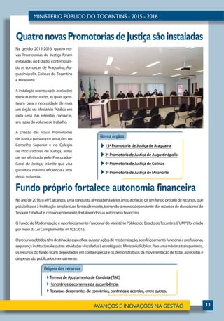 13
QuatronovasPromotoriasdeJustiçasãoinstaladas
Fundo próprio fortalece autonomia financeira
Noanode2016,oMPEalcançouumaconquistaalmejadaháváriosanos:acriaçãodeumfundopróprioderecursos,que
possibilitasseàInstituiçãoampliarsuasfontesdereceita,tornando-amenosdependentedosrecursosdoduodécimodo
Tesouro Estadual e, consequentemente, fortalecendo sua autonomia financeira.
O Fundo de Modernização e Aperfeiçoamento Funcional do Ministério Público do Estado doTocantins (FUMP) foi criado
por meio da Lei Complementar nº 103/2016.
Osrecursosobtidostêmdestinaçãoespecífica:custearaçõesdemodernização,aperfeiçoamentofuncionaleprofissional,
segurançainstitucionaleoutrasatividadesvinculadasàestratégiadoMinistérioPúblico.Paraumamáximatransparência,
os recursos do fundo ficam depositados em conta especial e os demonstrativos da movimentação de todas as receitas e
despesas são publicados mensalmente.
Na gestão 2015-2016, quatro no-
vas Promotorias de Justiça foram
instaladas no Estado, contemplan-
do as comarcas de Araguaína, Au-
gustinópolis, Colinas do Tocantins
e Miranorte.
Ainstalaçãoocorreuapósavaliações
técnicasediscussões,asquaisapon-
taram para a necessidade de mais
um órgão do Ministério Público em
cada uma das referidas comarcas,
em razão do volume de trabalho.
A criação das novas Promotorias
de Justiça passou por votações no
Conselho Superior e no Colégio
de Procuradores de Justiça, antes
de ser efetivada pelo Procurador-
Geral de Justiça, trâmite que visa
garantir a máxima eficiência a atos
dessa natureza.
 