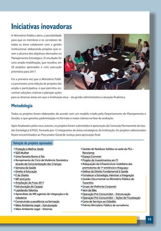 15
Iniciativas inovadoras
O Ministério Público abriu a possibilidade
para que os membros e os servidores de
todas as áreas colaborem com a gestão
institucional, elaborando projetos que vi-
sem o alcance dos objetivos elencados no
Planejamento Estratégico. O resultado foi
uma ampla mobilização, que resultou em
28 projetos aprovados e com execução
prioritária para 2017.
Foi a primeira vez que o Ministério Públi-
co promoveu uma seleção de projetos tão
ampla e participativa, o que permitiu en-
contrar soluções criativas e planejar ações
para as diversas áreas em que a Instituição atua – da gestão administrativa à atuação finalística.
Metodologia
Todos os projetos foram elaborados de acordo com um modelo criado pelo Departamento de Planejamento e
Gestão, o que garantiu padronização no formato e maior clareza na fase de avaliação.
Após finalizados pelos seus autores, os projetos foram submetidos à apreciação da Comissão Permanente de Ges-
tão Estratégica (CPGE), formada por 12 integrantes de áreas estratégicas da Instituição. Os projetos selecionados
foram encaminhados ao Procurador-Geral de Justiça, para aprovação final.
 