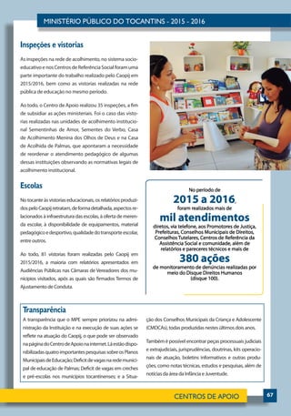 67
A transparência que o MPE sempre priorizou na admi-
nistração da Instituição e na execução de suas ações se
reflete na atuação do Caopij, o que pode ser observado
napáginadoCentrodeApoionainternet.Láestãodispo-
nibilizadasquatroimportantespesquisassobreosPlanos
MunicipaisdeEducação;Deficitdevagasnaredemunici-
pal de educação de Palmas; Deficit de vagas em creches
e pré-escolas nos municípios tocantinenses; e a Situa-
Transparência
ção dos Conselhos Municipais da Criança e Adolescente
(CMDCAs), todas produzidas nestes últimos dois anos.
Também é possível encontrar peças processuais judiciais
e extrajudiciais, jurisprudências, doutrinas, kits operacio-
nais de atuação, boletins informativos e outras produ-
ções, como notas técnicas, estudos e pesquisas, além de
notícias da área da Infância e Juventude.
Inspeções e vistorias
As inspeções na rede de acolhimento, no sistema socio-
educativo e nos Centros de Referência Social foram uma
parte importante do trabalho realizado pelo Caopij em
2015/2016, bem como as vistorias realizadas na rede
pública de educação no mesmo período.
Ao todo, o Centro de Apoio realizou 35 inspeções, a fim
de subsidiar as ações ministeriais. Foi o caso das visto-
rias realizadas nas unidades de acolhimento institucio-
nal Sementinhas de Amor, Sementes do Verbo, Casa
de Acolhimento Menina dos Olhos de Deus e na Casa
de Acolhida de Palmas, que apontaram a necessidade
de reordenar o atendimento pedagógico de algumas
dessas instituições observando as normativas legais de
acolhimento institucional.
Escolas
No tocante às vistorias educacionais, os relatórios produzi-
dospeloCaopijretratam,deformadetalhada,aspectosre-
lacionados à infraestrutura das escolas, à oferta de meren-
da escolar, à disponibilidade de equipamentos, material
pedagógicoedesportivo,qualidadedotransporteescolar,
entre outros.
Ao todo, 81 vistorias foram realizadas pelo Caopij em
2015/2016, a maioria com relatórios apresentados em
Audiências Públicas nas Câmaras de Vereadores dos mu-
nicípios visitados, após as quais são firmados Termos de
Ajustamento de Conduta.
 