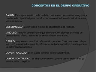 SALUD: Es la aprehensión de la realidad desde una perspectiva integradora
que tiene la capacidad para transformar esa realidad transformándose a su
ves a si mismo.

ENFERMEDAD: Es un fallido intento de adaptación a la realidad.

VINCULO: relación determinante que se construye, alberga sistemas de
pensamiento, afecto, maneras de sentir y hacer con el otro.

E.C.R.O: esquema conceptual referencial operativo. Es el marco con el que
leo (veo) la realidad (marco de referencia) se hace operativo cuando genera
transformación subjetiva.

LA VERTICALIDAD: es el sujeto inmerso en su subjetividad.

LA HORISONTALIDAD: es el grupo operativo que se centra en la tarea ya
sea implícita o explicita.
 