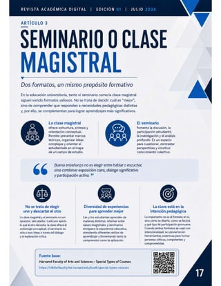 ARTÍCULO 3
SEMINARIO 0 CLASE
REVISTA ACADÉMICA DIGITAL | EDICIÓN | JULIO
MAGISTRAL
Dos formatos, un mismo propósito formativo
En la educación universitaria, tanto el seminario como la clase magistral
siguen siendo formatos valiosos. No se trata de decidir cuál es “mejor”,
sino de comprender que responden a necesidades pedagógicas distintas
y, por ello, se complementan para lograr aprendizajes más significativos.
La clase magistral
O ofrece estructura, sintesis y
orientacion conceptual.
Permite presentar marcos
teóricos, organizar ideas
complejas y orientar al
d ¢
AÑA
estudiantado en el mapa
de un campo de estudio.
66
5j
No se trata de elegir
uno y descartar el otro
La clase magistral y el seminario no son
opuestos, sino aliados. Cada uno aporta
lo que el otro necesita: la clase ofrece el
andamiaje conceptual; el seminario da
vida a esas ideas a través del diálogo
y la exploración crítica.
Diversidad de experiencias
para aprender mejor
Las y los estudiantes aprenden de
maneras distintas. Alternar entre
clases magistrales y seminarios
enriquece la experiencia educativa,
atendiendo diferentes estilos de
aprendizaje y fomentando tanto la
comprensión como la aplicación.
El seminario
fomenta la discusión, la
participación estudiantil,
la investigación y el análisis
profundo. Es un espacio
para cuestionar, contrastar
perspectivas y construir
conocimiento colectivo.
Buena enseñanza no es elegir entre hablar o escuchar,
sino combinar exposición clara, diálogo significativo
y participación activa. ??
La clave está en la
intención pedagógica
Lo importante no es el formato en sí,
sino cómo se diseña, cómo se facilita
y qué tipo de participación promueve.
Cuando ambos formatos se usan con
intencionalidad, se convierten en
herramientas poderosas para formar
personas críticas, competentes y
comprometidas.
Fuente base:
Harvarrd Faculty of Arts and Sciences — Special Types of Courses
https://infoforfaculty.fas.harvard.edu/book/special-types-courses
 