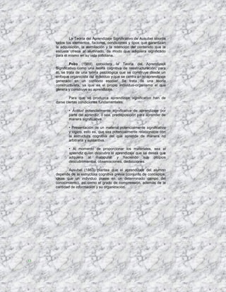 La Teoría del Aprendizaje Significativo de Ausubel aborda
     todos los elementos, factores, condiciones y tipos que garantizan
     la adquisición, la asimilación y la retención del contenido que la
     escuela ofrece al alumnado, de modo que adquiera significado
     para él mismo en su vida cotidiana.

              Pozo (1989) considera la Teoría del Aprendizaje
     Significativo como una teoría cognitiva de reestructuración; para
     él, se trata de una teoría psicológica que se construye desde un
     enfoque organicista del individuo y que se centra en el aprendizaje
     generado en un contexto escolar. Se trata de una teoría
     constructivista, ya que es el propio individuo-organismo el que
     genera y construye su aprendizaje.

             Para que se produzca aprendizaje significativo han de
     darse ciertas condiciones fundamentales:

            • Actitud potencialmente significativa de aprendizaje por
            parte del aprendiz, o sea, predisposición para aprender de
            manera significativa.

            • Presentación de un material potencialmente significativo
            y lógico, esto es, que sea potencialmente relacionable con
            la estructura cognitiva del que aprende de manera no
            arbitraria y sustantiva.

            • Al momento de proporcionar los materiales, sea el
            aprendiz quien descubra el aprendizaje que se desea que
            adquiera al manipular y haciendo sus propios
            descubrimientos, observaciones, deducciones.

             Ausubel (1863) plantea que el aprendizaje del alumno
     depende de la estructura cognitiva previa (conjunto de conceptos,
     ideas que un individuo posee en un determinado campo del
     conocimiento), así como el grado de comprensión, además de la
     cantidad de información y su organización.




33
 
