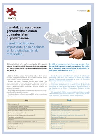 IKASTETXEEN PROIEKTUAK
PROYECTOS DE CENTROS
Lanbide Heziketa sustatu eta hobetzea helburu duen Laneki
Elkarteak euskarazko 39 material berri sareratu ditu 2008. urtean
zehar, Lanbide Ekimena proiektuaren bidez.
Ikaslan eta Hetel Elkarteek osatzen dute Laneki, eta
Eusko Jaurlaritzako Hezkuntza Sailaren Lanbide Heziketako
Sailburuordetzaren eta Gipuzkoako Foru Aldundiaren Kultura eta
Euskara Departamentuaren ezinbesteko laguntza baliatzen du
eginkizun horretarako.
Materialak irakasleen eskura daude www.jakinbai.com helbi-
dean, denak formatu elektronikoan.
Honako lanbide-arlo hauetarako dira 2008. urtean zehar landu
diren materialak:
Laneki, Asociación para el fomento y la mejora de la Formación
Profesional, tiene entre sus cometidos la gestión del proyecto
Lanbide Ekimena, proyecto destinado a dotar a la Formación
Profesional de materiales en euskara.
Laneki, integrada por Ikaslan y Hetel, cuenta para ello con
la inestimable colaboración de la Viceconsejería de Formación
Profesional del Departamento de Educación del Gobierno Vasco y
del Departamento de Cultura y Euskara de la Diputación Foral de
Gipuzkoa.
A lo largo del año 2008 se ha acometido la edición electrónica de
39 materiales, disponibles todos ellos en la dirección www.jakinbai.
com, destinados a las siguientes familias profesionales:
2008an, hainbat arlo profesionaletarako 39 material
editatu ditu elektronikoki Lanbide-Heziketa hobetzeko
etasustatzekoElkarteak.2009anbeste47sareanipintzea
aurreikusi du.
En 2008, la Asociación para el fomento y la mejora de la
Formación Profesional ha realizado la edición electrónica
de 39 materiales para distintas ramas profesionales. En
2009, prevé poner en la red otros 47.
Laneki ha dado un
importante paso adelante
en la digitalización de
materiales
Lanekik aurrerapausu
garrantzitsua eman
du materialen
digitalizazioan
Administración: 3
Comunicación, imagen y sonido: 1
Electricidad y electrónica: 8
Servicios socio-culturales para la comunidad: 7
Construcción y obras civiles: 3
Trabajos de mantenimiento y servicios de producción: 3
Fabricación Mecánica: 4
Química: 1
Mantenimiento de vehículos autopropulsados: 2
Hostelería y turismo: 2
Imagen personal: 4
Tema transversal: 1
2008
Administrazioa: 3
Komunikazioa, irudia eta soinua: 1
Elektrizitatea eta elektronika: 8
Komunitaterako zerbitzu soziokulturalak: 7
Eraikuntza eta obra zibilak: 3
Mantentze-lanak eta ekoizpen-zerbitzuak: 3
Fabrikazio Mekanikoa: 4
Kimika: 1
Ibilgailu autopropultsatuen mantentze-lanak: 2
Ostalaritza eta turismoa: 2
Irudi pertsonala: 4
Zehar-lerroa: 1
2008
41
 