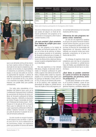 Revista Ikaslan nº 15 Lehen Aukera 2013-2014 | 11
El Lehendakari Íñigo Urkullu.
que es una demanda continua de las empre-
sas hacia nuestros centros el trabajo con el
alumnado de otro tipo de competencias rela-
cionadas con la iniciativa, la responsabilidad,
el compromiso, la autonomía y el trabajo en
equipo, se veía que esta podía ser una bue-
na oportunidad de respuesta. Y además de
todo ello, la percepción de que debemos pro-
mover el acercamiento de los y las jóvenes
a las situaciones de empleo, abriendo a las
empresas una posible bolsa para posibles
contrataciones.
Con todos estos antecedentes, el Le-
hendakari del Gobierno Vasco, junto con la
Confederación Empresarial Vasca Confebask,
las asociaciones de directores de centros pú-
blicos de formación profesional de Bizkaia,
Araba y Gipuzkoa - IKASLAN y la Asociación
de Centros Privados Concertados de Forma-
ción Profesional de Iniciativa Social – HETEL,
firmaron el 12 de julio de 2013 un Acuerdo
Marco para la realización de una fase de
mayor capacitación profesional en diferentes
ámbitos mediante formación en empresas
por parte de personas en posesión de un tí-
tulo de formación profesional.
En este acuerdo se recoge el propósi-
to del Gobierno Vasco de llevar a cabo en
el curso 2013-14, con la colaboración de
las asociaciones citadas, una experiencia
piloto que posibilite el tránsito del ámbito
educativo al laboral para los y las jóvenes
que acaban de adquirir un título de for-
mación profesional. Este propósito se ha
concretado en el programa Lehen Aukera-
Lanbide Heziketa 2103.
¿En qué consiste? ¿Qué caracterís-
ticas debían de cumplir para acce-
der a esta beca?
Con este programa se ha tratado de
desarrollar una formación práctica de 3 me-
ses, en la línea de las prácticas no labora-
les en empresas previstas en el subsistema
de formación profesional para el empleo. El
alumnado becario se inscribe en la Seguridad
Social a los efectos de las coberturas básicas,
aunque no genera antigüedad laboral ni coti-
za en desempleo.
Para esta experiencia se han ofertado
600 plazas, dirigidas al alumnado recién ti-
tulado en formación profesional de grado
medio y superior. Este colectivo de recién titu-
lados y tituladas debe cumplir los requisitos
exigidos en la normativa legal vigente para
las prácticas no laborales, es decir, tener en-
tre 18 y 25 años en el momento del comien-
zo de las prácticas, estar registrado como
demandante de empleo en Lanbide-Servicio
Vasco de Empleo al inicio del programa y te-
ner vecindad administrativa en la Comunidad
Autónoma del País Vasco.
Diferencias de este programa res-
pecto a otros existentes.
Se trata de una experiencia novedosa
en el marco de nuestra Formación Profesio-
nal del Sistema Educativo, que por lo tanto
no tiene comparación posible. En esta mis-
ma línea, la Dirección de Universidades del
Departamento de Educación también ha
realizado una actuación similar para recién
graduados universitarios en el primer tri-
mestre del año 2014.
Sin embargo, el organismo titular de la
competencia para este tipo de actuaciones
en nuestra comunidad es Lanbide-Servicio
Vasco de Empleo, que probablemente desa-
rrollará actuaciones de este tipo en un próxi-
mo futuro.
¿Qué datos se pueden comentar
en cuanto al número de empresas
participantes, por provincia, secto-
res productivos…?
Las 600 plazas ofertadas se han cubier-
to en la práctica totalidad, a pesar de que
se ha dispuesto de muy poco tiempo para
gestionar empresas y candidatos, debido a lo
TERRITORIO EMPRESAS BECARIOS
INICIALES
BAJAS DURANTE
EL PERIODO DE
TRABAJO
CONTRATOS REALIZADOS
AL ACABAR LAS PRÁCTICAS
ARABA 140 169 4 26 16%
BIZKAIA 256 266 4 40 15%
GIPUZKOA 138 159 2 37 24%
TOTAL 534 595 10 103 18%
Datos sobre empresas participantes en el programa Lehen Aukera
 