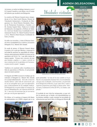 Agenda Delegacional
13,367
Derechohabientes
2
Consultorios Med. Fam.
1
Consultorio At’n. Continua
24
Trabajadores
378, 468
Derechohabientes
21
Consultorios Med. Fam.
49
Consultorios de especialidades
1,965
Trabajadores
116, 636
Derechohabientes
19
Consultorios Med. Fam.
2
Salas de Rayos X
221
Trabajadores
8,690
Usuarios mensuales
28
Ventanillas
142
Trabajadores
31
Trabajadores por tiempo
determinado
99
Lugares
73
Niños inscritos
70
Padres beneficiados
24
Trabajadores
328
Lugares
244
Niños inscritos
226
Padres beneficiados
108
Trabajadores
Así mismo, se realizó un diálogo interactivo con el
H. Consejo Consultivo y por último, con el Cuerpo
de Gobierno que encabeza esta Delegación.
La comitiva del Director General estuvo integra-
da por el Lic. René Curiel Obscura, Director de
Vinculación Institucional y Evaluación de Dele-
gaciones; Lic. David Palacios Hernández, Direc-
tor de Prestaciones Económicas y Sociales y el
Dr. Germán Fajardo Dolci, Titular de la Unidad
de Educación, Investigación y Políticas de Salud;
Lic. José Luis Alcudia Goya, Coordinador de Co-
municación Social, Tte. Daniel Escalona Guzmán
y el Lic. Mauricio Peters Krayem, Coordinador de
Giras y Eventos.
En todos sus recorridos y visitas el Director Gene-
ral estuvo acompañado de su comitiva y de nuestro
Delegado el Lic. Manuel Abe Almada.
En rueda de prensa, el Director General afirmó
lo positivo de su gira por Morelos y mencionó la
necesidad de aumentar las capacidades de infraes-
tructura, particularmente identificó un tema con los
quirófanos del H.G.R. No. 1 que debe tratarse de
manera urgente. “Estamos muy contentos, fue una
gira bastante completa (…), vamos a invertir en
una revitalización de los quirófanos de Cuernava-
ca para tenerlo a punto”, aseguró.
También se le cuestionó sobre el problema de la
falta de especialistas en Morelos, el cual pretende
atacar de manera puntual.
El dirigente del IMSS reconoció el trabajo que ha
realizado el Delegado Lic. Manuel Abe Almada
en su actual administración. “Este año se hicieron
muchas labores; sobre todo de conservación, que
no son un entregable nuevo, pero son importantes
para el funcionamiento de las entidades médicas.
El Delegado hizo un gran trabajo al restaurar las
áreas de Rehabilitación y de Urgencias del H.G.R.
No. 1, una serie de inversiones que no son nuevas
pero que son de gran importancia”
Por último, se le cuestiono al respecto del abasto
de medicamentos en el IMSS, aseguró que es un
H.G.R. No. 1
U.M.F. No. 20
U.M.F. No. 2
Subdelegación Cuernavaca
Guardería 001 Cuernavaca
Guardería “Angelous”
Miembros del S.N.T.S.S. Sección XIX del Estado de Morelos
Miembros del Cuerpo de Gobierno delegacional
Miembros del H. Consejo Consultivo del Estado de Morelos
Visita al C.I.B.I.S en Xochitepec, Mor.Visita a la U.M.F. No. 2 en Xochitepec, Mor.
9
punto primordial, “un tema de los mas sentidos en la po-
blación, nos preparamos bastante bien y la retroalimenta-
ción que estoy recibiendo a nivel nacional, y en particular
de la Delegación de Morelos, es que vamos bien y vamos a
seguirnos prepararnos para llegar al abasto pleno. Nues-
tra meta es mantenerlo arriba del 95% y lo estamos cum-
pliendo.”
El resultado de esta visita fue enriquecedor, ya que veri-
ficó la atención que se brinda a los derechohabientes en
las distintas unidades y pudo constatar las necesidades de
infraestructura que hacen falta a la Delegación Morelos.l
Unidades visitadas
 