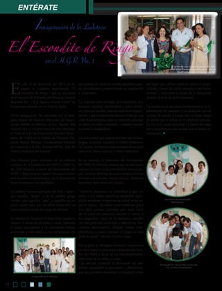 Entérate
Inauguración de la Ludoteca
El Escondite de Ringo
en el H.G.R. No. 1
E
l día 18 de diciembre del 2014, se in-
auguró la Ludoteca denominada “El
Escondite de Ringo”, que se encuentra
en el servicio de Pediatría del Hospital General
Regional No. 1 “Lic. Ignacio García Téllez” de
Cuernavaca ubicado en Av. Plan de Ayala.
Dicha inauguración fue precedida por el Dele-
gado Estatal del Instituto Mexicano del Seguro
Social (IMSS) en Morelos, el Lic. Manuel Abe
Almada, la Lic. Cecilia López de Abe, Presiden-
ta Honoraria de las Promotoras Sociales Volun-
tarias del IMSS en el Estado de Morelos; Flo-
rencia Ramos Blancas, Coordinadora Nacional
de Ludotecas y la Dra. Soledad Millán, Jefa del
Área de Pediatría del hospital.
Esta ludoteca pudo realizarse en un esfuerzo
conjunto de la Fundación del IMSS y Afore Si-
glo XXI Banorte, a través del Voluntariado del
IMSS, y representa un espacio de esparcimiento
para los niños hospitalizados, con la finalidad de
hacer su estancia más agradable.
La palabra ludoteca proviene del latín <ludus>
que significa “juego” y de la palabra griega
<théke> que significa “caja”, y significa un es-
pacio creado para que los niños desarrollen su
personalidad a través del juego en libertad.
Su objetivo es favorecer el desarrollo cognitivo,
afectivo y social de los niños y niñas, mediante
el juego, los juguetes y las actividades lúdicas
adecuadas a cada edad y a sus preferencias. De
esa manera, los menores pueden aprender jugan-
do, divirtiéndose y desarrollando su imaginación
y creatividad.
La ludoteca será utilizada principalmente por,
lactantes mayores, preescolares y niños escola-
res, para que puedan tener un espacio de esparci-
miento y aprovechamiento durante el tiempo que
están hospitalizados, pues la intención principal
es tener a los niños contentos y relajados durante
su estancia hospitalaria.
Las actividades que podrán disfrutar son: lectura,
juegos, destrezas manuales y videos didácticos.
Así mismo, la ludoteca está equipada de material
educativo, libros, música y videos didácticos.
En su mensaje, la presidenta del Voluntariado
del IMSS en Morelos, destacó que en este nuevo
espacio, los niños y las niñas podrán realizar jue-
gos, lecturas, disfrutar de musicoterapia, realizar
pinturas con crayolas, rompecabezas, destrezas
manuales, entre otras actividades.
“Nuestro propósito es contribuir a que los
niños y las niñas pasen un momento agra-
dable mientras recuperan su salud en un es-
pacio digno, diseñado especialmente para
los ellos, porque sabemos que estar lejos
de su casa les provoca tensión y estrés a
los pequeños; aquí en la ludoteca, pueden
ver una película divertida y educativa, leer
cuentos interesantes, dibujar, armar rom-
pecabezas y jugar, porque el juego es una
gran terapia”, destacó Cecilia López.
Por su parte, el Delegado destacó la importancia
de estos espacios para seguir desarrollando la la-
bor del IMSS a favor de los derechohabientes,
sobre todo de los niños y niñas.
“La misión esencial es favorecer un am-
biente agradable a pacientes y familiares,
que les permita visualizar el hospital como
un lugar que ofrece espacios para el juego,
cálidos, llenos de color energía y entreteni-
miento”, mencionó el titular de la delegación
durante el corte de listón inaugural.
La recreación es una pieza fundamental en la re-
habilitación del paciente, y sin duda este tipo de
eventos favorecen a contar con un buen estado
de animo que se refleja en la salud del paciente.
La risa es la mejor medicina y a través del juego
estos pequeños pueden apostar por su pronta re-
cuperación. l
Promotoras del Voluntariado
IMSS Morelos
El Delegado Lic. Manuel Abe conviviendo
con un menor hospitalizado
En la foto del corte de listón inaugural: Dra. Sole-
dad Millán, Florencia Ramos Blanca, Lic. Manuel
Abe Almada y la Lic. Cecilia López de Abe.
Inauguración de la Ludoteca
10
 