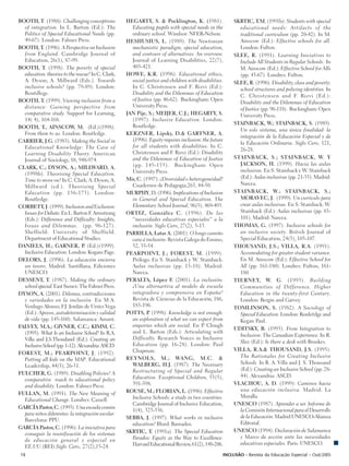 BOOTH, T. (1988). Challenging conceptions           HEGARTY, S. & Pocklington, K. (1981).               SKRTIC, T.M. (1991b): Students with special
  of integration. In L. Barton (Ed.): The             Educating pupils with special needs in the          educational needs: Artifacts of the
  Politics of Special Educational Needs (pp.          ordinary school. Windsor: NFER-Nelson.              traditional curriculum (pp. 20-42). In M.
  49-67). London: Falmer Press.                     HESHUSIUS, L. (1989). The Newtonian                   Ainscow (Ed.): Effective schools for all.
BOOTH, T. (1996). A Perspective on Inclusion          mechanistic paradigm, special education,            London: Fulton.
  from England. Cambridge Journal of                  and contours of alternatives: An overview.        SLEE, R. (1991). Learning Iniciatives to
  Education, 26(1), 87-99.                            Journal of Learning Disabilities, 22(7),            Include All Students in Regular Schools. In
BOOTH, T. (1998). The poverty of special              403-421.                                            M. Ainscow (Ed.): Effective School for Alls
  education: theories to the rescue? In C. Clark;   HOWE, K.R. (1996). Educational ethics,                (pp. 43-67). Londres: Fulton.
  A. Dyson; A. Millward (Eds.). Towards               social justice and children with disabilities.    SLEE, R. (1996). Disability, class and poverty:
  inclusive schools? (pp. 79-89). London:             In C. Christensen and F. Rizvi (Ed.):               school structures and policing identities. In
  Routdlege.                                          Disability and the Dilemmas of Education
                                                                                                          C. Christensen and F. Rizvi (Ed.):
BOOTH, T. (1999). Viewing inclusion from a            of Justice (pp. 46-62). Buckingham: Open
                                                                                                          Disability and the Dilemmas of Education
  distance: Gaining perspective from                  University Press.
                                                                                                          of Justice (pp. 96-118). Buckingham: Open
  comparative study. Support for Learning,          JAN Pije, S.; MEIJER, C.J.; HEGARTY, S.               University Press.
  14( 4), 164-168.                                    (1997). Inclusive Education. London:
                                                                                                        STAINBACK, W.; STAINBACK, S. (1989).
BOOTH, T., AINSCOW, M. (Ed.)(1998).                   Routledge.
                                                                                                          Un solo sistema, una única finalidad: la
  From them to us. London: Routledge.               KERZNER, Lipsky, D.& GARTNER, A.
                                                                                                          integración de la Educación Especial y de
CARRIER, J.G. (1983). Making the Social in            (1996). Equity requires inclusion: the future
                                                                                                          la Educación Ordinaria. Siglo Cero, 121,
  Educational Knowledge: The Case of                  for all students with disabilities. In C.
                                                                                                          26-28.
  Learning Disability Theory. American                Christensen and F. Rizvi (Ed.): Disability
                                                      and the Dilemmas of Education of Justice          STAINBACK, S.; STAINBACK, W. Y
  Journal of Sociology, 88, 948-974.
                                                      (pp. 145-155). Buckingham: Open                     JACKSON, H. (1999). Hacia las aulas
CLARK, C.; DYSON, A.; MILLWARD, A.
                                                      University Press.                                   inclusivas. En S. Stainback y W. Stainback
  (1998b). Theorising Special Education.
                                                    Mir, C. (1997): ¿Diversidad o heterogeneidad?         (Ed.): Aulas inclusivas (pp. 21-35). Madrid:
  Time to move on? In C. Clark; A. Dyson; A.
                                                      Cuadernos de Pedagogía,263, 44-50.                  Narcea.
  Millward (ed.). Theorising Special
  Education (pp. 156-173). London:                  MURPHY, D. (1996). Implications of Inclusion        STAINBACK, W.; STAINBACK, S.;
  Routledge.                                          in General and Special Education. The               MORAVEC, J. (1999). Un currículo para
CORBETT, J. (1999). Inclusion and Exclusion:          Elementary School Journal, 96(5), 469-493.          crear aulas inclusivas. En S. Stainback; W.
  Issues for Debate. En L. Barton F Armstrong
                                     .              ORTIZ, González C. (1996). De las                     Stainback (Ed.): Aulas inclusivas (pp. 83-
  (Eds.): Difference and Difficulty: Insights,        “necesidades educativas especiales” a la            101). Madrid: Narcea.
  Issues and Dilemmas. (pp. 96-127).                  inclusión. Siglo Cero, 27(2), 5-13.               THOMAS, G. (1997). Inclusive schools for
  Sheffield: University of Sheffield.               PARRILLA, Latas A. (2001). O longo camiño             an inclusive society. British Journal of
  Department of Educational Studies.                  cara á inclusión. Revista Galega do Ensino,         Special Education, 24(3), 103-107.
DANIELS, H.; GARNER, P. (Ed.)(1999).                  32, 35-54.                                        THOUSAND, J.S.; VILLA, R.A. (1991).
  Inclusive Education. London: Kogam Page.          PEARPOINT, J.; FOREST, M. (1999).                     Accomodating for greater student variance.
DELORS, J. (1996). La educación encierra              Prólogo. En S. Stainback y W. Stainback:            En M. Ainscow (Ed.): Effective School for
  un tesoro. Madrid: Santillana, Ediciones            Aulas inclusivas (pp. 15-18). Madrid:               All (pp. 161-180). Londres: Fulton, 161-
  UNESCO.                                             Narcea.                                             180.
DESSENT, T. (1987). Making the ordinary             PERALTA, López F. (2001). La inclusión:             TIERNEY, W. G. (1993). Building
  school special. East Sussex: The Falmer Press.      ¿Una alternartiva al modelo de escuela              Communities of Difference. Higher
DYSON, A. (2001). Dilemas, contradicciones            integradora y comprensiva en España?                Education in the twenty-first Century.
  y variedades en la inclusión. En M.A.               Revista de Ciencias de la Educación, 186,           London: Bergin and Garvey.
  Verdugo Alonso; F.J. Jordán de Urríes Vega          183-196.                                          TOMLINSON, S. (1982). A Sociology of
  (Ed.): Apoyos, autodeterminación y calidad        POTTS, P (1998). Knowledge is not enough:
                                                              .                                           Special Education. London: Rouletdge and
  de vida (pp. 145-160). Salamanca: Amarú.            an exploration of what we can expect from           Kegan Paul.
FALVEY, M.A.; GIVNER, C.C.; KIMM, C.                  enquiries which are social. En P Clough
                                                                                         .
                                                                                                        UDITSKY, B. (1993). From Integration to
  (1995). What Is an Inclusive School? In R.A.        and L. Barton (Eds.): Articulating with
                                                                                                          Inclusion: The Canadian Experience. In R.
  Villa and J.S.Thoudand (Ed.): Creating an           Difficulty. Research Voices in Inclusive
                                                                                                          Slee (Ed.): Is there a desk with Brookes.
  Inclusive School (pp. 1-12). Alexandria: ASCD.      Education (pp. 16-28). London: Paul
                                                      Chapman.                                          VILLA, R.A.& THOUSAND, J.S. (1995).
FOREST, M.; PEARPOINT, J. (1992).
                                                    REYNOLS, M.; WANG, M.C. &                             The Rationales for Creating Inclusive
  Putting all kids on the MAP. Educational
                                                      WALBERG, H.J. (1987). The Necessary                 Schools. In R. A. Villa and J. S. Thousand
  Leadership, 44(3), 26-31.
                                                      Restructuring of Special and Regular                (Ed.): Creating an Inclusive School (pp. 28-
FULCHER, G. (1989). Disabling Policies? A                                                                 44). Alexandria: ASCD.
  comparative roach to educational policy             Education. Exceptional Children, 53(5),
  and disability. London: Falmer Press.               391-398.                                          VLACHOU, A. D. (1999): Caminos hacia
                                                    ROUSE, M.; FLORIAN, L. (1996). Effective              una educación inclusiva. Madrid: La
FULLAN, M. (1991). The New Meaning of
                                                      Inclusive Schools: a study in two countries.        Muralla.
  Educational Change. Londres: Cassell.
                                                      Cambridge Journal of Inclusive Education,         UNESCO (1987). Aprender a ser. Informe de
GARCÍA Pastor, C. (1993). Una escuela común
                                                      1(4), 323-336.                                      la Comisión Internacional para el Desarrollo
  para niños diferentes: la integración escolar.
                                                    SEBBA, J. (1997). What works in inclusive             de la Educación. Madrid:UNESCO-Alianza
  Barcelona: PPU.
                                                      education? Ilford: Barnados.                        Editorial.
GARCÍA Pastor, C. (1996). La iniciativa para
                                                    SKRTIC, T. (1991a). The Special Education           UNESCO (1994). Declaración de Salamanca
  conseguir la reunificación de los sistemas
                                                      Paradox: Equity as the Way to Excellence.           y Marco de acción ante las necesidades
  de educación general y especial en
                                                      Harvard Educational Review, 61(2), 148-206.         educativas especiales. París: UNESCO.
  EE.UU.(REI).Siglo Cero, 27(2),15-24.
 18                                                                                                INCLUSÃO - Revista da Educação Especial - Out/2005
 