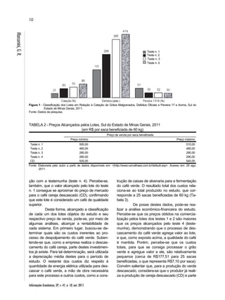 10 
Informações Econômicas, SP, v. 41, n. 10, out. 2011. 
Marcomini, G. R. 
Teste n. 1 
Teste n. 2 
Teste n. 3 
Teste n. 4 
Figura 1 - Classificação dos Lotes em Relação à Catação de Grãos Malgranados, Defeitos Oficiais e Peneira 17 e Acima, Sul do 
Estado de Minas Gerais, 2011. 
Fonte: Dados da pesquisa. 
TABELA 2 - Preços Alcançados pelos Lotes, Sul do Estado de Minas Gerais, 2011 
(em R$ por saca beneficiada de 60 kg) 
Preço de venda por saca beneficiada 
Preço mínimo Preço máximo 
Teste n. 1 500,00 510,00 
Teste n. 2 460,00 480,00 
Teste n. 3 280,00 290,00 
Teste n. 4 280,00 290,00 
CD 520,00 540,00 
Fonte: Elaborada pelo autor a partir de dados disponíveis em: <(http://www.carvalhaes.com.br/default.asp>. Acesso em: 29 ago. 
2011. 
ção com a testemunha (teste n. 4). Percebe-se, 
também, que o valor alcançado pelo lote do teste 
n. 1 consegue se aproximar do preço de mercado 
para o café cereja descascado (CD), confirmando 
que este lote é considerado um café de qualidade 
superior. 
Desta forma, alcançado a classificação 
de cada um dos lotes objetos do estudo e seu 
respectivo preço de venda, pode-se, por meio de 
algumas análises, alcançar a rentabilidade de 
cada sistema. Em primeiro lugar, buscou-se de-terminar 
quais são os custos inerentes ao pro-cesso 
de despolpamento do café verde. Suben-tende- 
se que, como a empresa realiza o descas-camento 
do café cereja, parte destes investimen-tos 
já existe. Para tal determinação, será utilizada 
a depreciação média destes para o período de 
estudo. O restante dos custos diz respeito à 
quantidade de energia elétrica utilizada para des-cascar 
o café verde, a mão de obra necessária 
para este processo e outros custos, como a cons-trução 
de caixas de alvenaria para a fermentação 
do café verde. O resultado total dos custos rela-ciona- 
se ao total produzido no estudo, que cor-responde 
a 25 sacas beneficiadas de 60 kg (Ta-bela 
3). 
De posse destes dados, pode-se rea-lizar 
a análise econômico-financeira do estudo. 
Percebe-se que os preços obtidos na comercia-lização 
pelos lotes dos testes 1 e 2 são maiores 
que os preços alcançados pelo teste 4 (teste-munha), 
demonstrando que o processo de des-cascamento 
do café verde agrega valor ao lote, 
e que, como exposto acima, a qualidade do café 
é mantida. Porém, percebe-se que os custos 
totais, para que se consiga processar o grão 
verde e agregue valor a ele, são relativamente 
pequenos (cerca de R$177,51 para 25 sacas 
beneficiadas, o que representa R$7,10 por saca). 
Convém salientar que, para a produção do verde 
descascado, considera-se que o produtor já reali-za 
a produção de cereja descascado (CD) e parte 
 