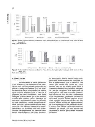 12 
Informações Econômicas, SP, v. 41, n. 10, out. 2011. 
Marcomini, G. R. 
Figura 2 - Análise Econômico-financeira com Base nos Preços Máximos Alcançados na Comercialização Sul do Estado de Minas 
Gerais, 2011. 
Fonte: Dados da pesquisa. 
Figura 3 - Análise Econômico-financeira com Base nos Preços Mínimos Alcançados na Comercialização, Sul do Estado de Minas 
Gerais, 2011. 
Fonte: Dados da pesquisa. 
5 - CONCLUSÕES 
Pelos resultados do estudo, percebe-se 
que a produção do café verde descascado ofere-ce 
uma nova forma do produtor agregar valor ao 
produto. Consegue-se observar que, nas diver-sas 
formas de realizar este processo, ele retorna 
algum adicional financeiro sobre o café que é 
preparado de forma convencional. Além desta 
vantagem, pode-se afirmar que outras também 
ocorrem neste contexto, como a otimização de 
máquinas e equipamentos usados no processo 
do verde descascado e maior utilização dos ter-reiros, 
pois com o descascamento do café verde, 
diminui-se o seu volume que irá secar no terreiro, 
otimizando o uso do mesmo com maior quanti-dade 
de café propriamente dito, além de liberar 
espaço para secagem do café cereja descasca-do. 
Além dessa, pode-se afirmar outras vanta-gens 
como maior eficiência dos secadores, tu-lhas 
e beneficiamento, pois o volume do café 
diminui pela retirada das cascas, etc., como 
também pelo fato do produtor poder iniciar a 
colheita no momento em que melhor lhe aprou-ver, 
pois ele não precisa ficar dependendo da 
maturação do café para iniciar este processo. 
Esta decisão de início de safra é determinada 
sobre vários fatores e, geralmente, um atraso no 
início deste processo acarreta prejuízos ao pro-dutor, 
seja pela falta de mão de obra, seja pelo 
início do período chuvoso em agosto/setembro, 
etc. Com a produção do café verde descascado, 
o produtor pode planejar o início de sua safra no 
momento que desejar, pois esta decisão não 
dependerá do teor de grãos verdes existentes 
na lavoura. 
Teste n. 1 
(R$) 
 
