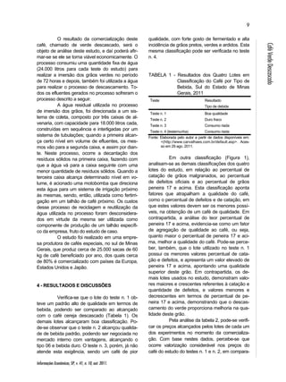 Informações Econômicas, SP, v. 41, n. 10, out. 2011. 
9 
Café Verde Descascado 
O resultado da comercialização deste 
café, chamado de verde descascado, será o 
objeto de análise deste estudo, e daí poderá afir-mar- 
se se ele se torna viável economicamente. O 
processo consumiu uma quantidade fixa de água 
(24.000 litros para cada teste do estudo) para 
realizar a imersão dos grãos verdes no período 
de 72 horas e depois, também foi utilizada a água 
para realizar o processo de descascamento. To-dos 
os efluentes gerados no processo sofreram o 
processo descrito a seguir. 
A água residual utilizada no processo 
de imersão dos grãos, foi direcionada a um sis-tema 
de coleta, composto por três caixas de al-venaria, 
com capacidade para 18.000 litros cada, 
construídas em sequência e interligadas por um 
sistema de tubulações; quando a primeira alcan-ça 
certo nível em volume de efluentes, os mes-mos 
vão para a segunda caixa, e assim por dian-te. 
Neste processo, ocorre a decantação dos 
resíduos sólidos na primeira caixa, fazendo com 
que a água vá para a caixa seguinte com uma 
menor quantidade de resíduos sólidos. Quando a 
terceira caixa alcança determinado nível em vo-lume, 
é acionado uma motobomba que direciona 
esta água para um sistema de irrigação próximo 
às mesmas, sendo, então, utilizada como fertirri-gação 
em um talhão de café próximo. Os custos 
desse processo de reciclagem e reutilização da 
água utilizada no processo foram desconsidera-dos 
em virtude da mesma ser utilizada como 
componente de produção de um talhão específi-co 
da empresa, fruto do estudo de caso. 
O estudo foi realizado em uma empre-sa 
produtora de cafés especiais, no sul de Minas 
Gerais, que produz cerca de 25.000 sacas de 60 
kg de café beneficiado por ano, dos quais cerca 
de 80% é comercializado com países da Europa, 
Estados Unidos e Japão. 
4 - RESULTADOS E DISCUSSÕES 
Verifica-se que o lote do teste n. 1 ob-teve 
um padrão alto de qualidade em termos de 
bebida, podendo ser comparado ao alcançado 
com o café cereja descascado (Tabela 1). Os 
demais lotes alcançaram boa classificação. Po-de- 
se observar que o teste n. 2 alcançou qualida-de 
de bebida padrão, podendo ser negociada no 
mercado interno com vantagens, alcançando o 
tipo 06 e bebida duro. O teste n. 3, porém, já não 
atende esta exigência, sendo um café de pior 
qualidade, com forte gosto de fermentado e alta 
incidência de grãos pretos, verdes e ardidos. Esta 
mesma classificação pode ser verificada no teste 
n. 4. 
TABELA 1 - Resultados dos Quatro Lotes em 
Classificação do Café por Tipo de 
Bebida, Sul do Estado de Minas 
Gerais, 2011 
Teste 
Resultado 
Tipo de debida 
Teste n. 1 Boa qualidade 
Teste n. 2 Duro fraco 
Teste n. 3 Consumo riada 
Teste n. 4 (testemunha) Consumo riada 
Fonte: Elaborada pelo autor a partir de dados disponíveis em: 
<(http://www.carvalhaes.com.br/default.asp>. Aces-so 
em 29 ago. 2011. 
Em outra classificação (Figura 1), 
analisam-se as demais classificações dos quatro 
lotes do estudo, em relação ao percentual de 
catação de grãos malgranados, ao percentual 
de defeitos oficiais e ao percentual de grãos 
peneira 17 e acima. Esta classificação aponta 
fatores que atrapalham a qualidade do café, 
como o percentual de defeitos e de catação, em 
que estes valores devem ser os menores possí-veis, 
na obtenção de um café de qualidade. Em 
contrapartida, a análise do teor percentual de 
peneira 17 e acima, evidencia-se como um fator 
de agregação de qualidade ao café, ou seja, 
quanto maior o percentual de peneira 17 e aci-ma, 
melhor a qualidade do café. Pode-se perce-ber, 
também, que o lote utilizado no teste n. 1 
possui os menores valores percentual de cata-ção 
e defeitos, e apresenta um valor elevado de 
peneira 17 e acima, apontando uma qualidade 
superior deste grão. Em contrapartida, os de-mais 
lotes usados no estudo, demonstram valo-res 
maiores e crescentes referentes à catação e 
quantidade de defeitos, e valores menores e 
decrescentes em termos de percentual de pe-neira 
17 e acima, demonstrando que o descas-camento 
do verde proporciona melhoria na qua-lidade 
deste grão. 
Pela análise da tabela 2, pode-se verifi-car 
os preços alcançados pelos lotes de cada um 
dos experimentos no momento da comercializa-ção. 
Com base nestes dados, percebe-se que 
ocorre valorização considerável nos preços do 
café do estudo do testes n. 1 e n. 2, em compara- 
 