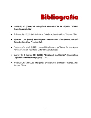 Bibliografía
Goleman, D. (1999), La Inteligencia Emocional en la Empresa. Buenos
Aires: Vergara Editor.

Goleman, D. (1995), La Inteligencia Emocional. Buenos Aires: Vergara Editor.

Johnson, D. W. (1981), Reaching Out: Interpersonal Effectiveness and Self-
Actualization. USA: Prentice-Hall.

Peterson, Ch. et al. (1993), Learned Helplessness: A Theory for the Age of
Personal Control. New York: Oxford University Press.

Salovey P. & Mayer J.D. (1990), "Emotional Intelligence", Imagination,
Cognition and Personality 9, pags. 185-211.

Weisinger, H. (1998), La Inteligencia Emocional en el Trabajo. Buenos Aires:
Vergara Editor




                                    11
 