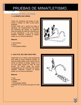 PRUEBAS DE MINIATLETISMO.
PRUEBAS DE MINI ATLETISMO
1.- LA RANITA SALTARINA.


Todos los miembros del equipo en fila,
vamos a realizar un salto a pies juntos
enlazado.
Primero salta uno y donde cae salta el
siguiente, así sucesivamente con todos
los miembros del equipo, La distancia
total acumulada de todos los miembros es
la que apuntamos y da unos puntos
(ANEXO TABLAS). Cuándo el equipo
acabe va a su zona de descanso.

Material:

1 cinta métrica
4 conos
1 cinta pegada (salida)




2.- SALTA EL RIO, QUE HACE FRIO.

Dispondrán de un intento cada participante
para saltar la mayor distancia posible. La
zona de salida estará a dos metros del aro
donde se clavará la pértiga. Según en el
aro que caiga, tendrá un valor de unos
puntos. Se suman todos los puntos
conseguidos por los miembros del equipo.
(ANEXO TABLAS). Cuándo el equipo
acabe va a su zona de descanso.

Material:

7 aros.
6 colchonetas
1 pértiga
1 cinta pegada (salida)
6 tarjetas con los puntos que gana en cada
aro.
 