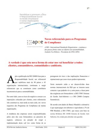 17
IPAI Revista Auditoria Interna Abril/Junho 2016 Edição 63 ISSN 2183-3451
Novos referenciais para os Programas
de Compli...