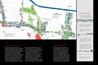 140milhões
                                                                                                                                                                                       DESTAQUES DAS MUDANÇAS
                                                                                                                        R$
                                                                                                                                                                                   1.	 Tornar subterrânea toda a linha
                                                                                                                        devem ser investidos
                                                                                                                                                                                       ferroviária que hoje divide a Barra
                                                                                                                        em projetos de
                                                                                                                                                                                       Funda ao meio e liga a Lapa ao Brás.
                                                                                                                        drenagem da região
                                                                    JARDIM DAS PERDIZES




                                                                                                                                                                                   2.	 No lugar da ferrovia, constuir uma
                                                                                                                                                                                       nova avenida, larga, arborizada,
                                                                                                                                                                                       com ciclovias e áreas de lazer.


                                                                                                                                                                                   3.	 Mudar o Terminal Rodoviário da
                                                                                                                                                                                       Barra Funda para o Pátio de Trens
                                                                                                                                                                                       da Lapa.


       CIRCULAÇÃO E FRUIÇÃO PÚBLICA
       ÁREAS VERDES PÚBLICAS
       ÁREAS VERDES PRIVADAS


                                                                                                                                                                                   4.	 Construir um parque linear entre
                                                                                                                                                                                       o Memorial da América Latina e a
Mapa mostra plano urbanistico da área impactada pela Operação Água Branca
                                                                                                                                                                                       Marginal do Tietê, ampliando as
                                                                                                                                                                                       áreas verdes da região.


                                                                                                                                                                                   5.	 Instalar junto da Estação Barra
Crescimento aceleradO                                                                                                     mais áreas verdes                                            Funda do Metrô/CPTM a futura
                                                                                                                                                                                       estação do trem de alta velocidade
Outra operação urbana, a Água Branca, irá atacar            de Trens Metropolitanos (CPTM), atualmente fica               A Operação Água Branca criará ainda 300 mil                  (ligação São Paulo–Rio de Janeiro,
                                                                                                                                                                                       que passará por Campinas).
principalmente problemas de drenagem de solo. O projeto     ao largo das linhas 7 e 8, que passam longe uma da            metros quadrados de áreas verdes. Uma dessas
de drenagem já está aprovado e prevê a ampliação das        outra. “Há um espaço vazio entre elas. O projeto é            áreas é a que está prevista no bairro Jardim das
galerias pluviais por onde passam dois dos cinco córregos   aproximar as linhas, abrindo a possibilidade de extensão      Perdizes, com 50 mil metros quadrados, sendo
que cortam a região e têm provocado inundações.             da avenida Auro de Moura Andrade”, conta.                     44 mil metros quadrados de parque no centro
Com investimentos previstos de R$ 140 milhões, a            Essa estação se tornará uma intersecção de linhas com         do terreno (mais informações na página 90).
operação Água Branca é resultado de uma lei de 1995 que     o metrô, quando estiver pronta a Linha 6– Laranja,            Também será transformada em parque outra área            6.	 Abrir novas ruas na região.
está sendo revista agora. “Vamos adequá-la legalmente       que liga Brasilândia, na zona norte, à estação da             com 100 mil metros quadrados, onde hoje funciona
e também ampliar as intervenções”, explica o arquiteto      Linha 2–Azul São Joaquim, no centro. “A Operação              o pátio da Companhia de Engenharia de Tráfego




                                                                                                                                                                                                                                      Ilustrações: Estúdio Canarinho
                                                                                                                                                                                   7.	 Ampliar galerias pluviais, para
Vladir Bartalini, superintendente da SP Urbanismo.          vai ajudar construindo a nova estação”, diz.                  (CET). “Vamos transferir a CET para uma área mais            conter alagamentos.
Paralelamente, o projeto prevê melhoras na circulação,      Está prevista ainda a abertura de várias ruas na região,      periférica”, afirma Valdir Bartalini, da SP Urbanismo.
para racionalizar os deslocamentos e as linhas de           para reduzir o tamanho dos quarteirões – muito grandes,       Os projetos incluem ainda um novo parque entre o
transporte coletivo. A estação Água Branca, da Companhia    já que era uma área industrial – e melhorar a circulação.     Memorial da América Latina e a Marginal do Tietê.

22    VIVER SÃO PAULO                                                                                                                                                                                         VIVER SÃO PAULO    23
 