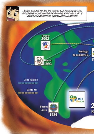 Desde então, todos os anos, ela acontece nas
dioceses, no domingo de Ramos, e a cada 2 ou 3
    anos ela acontece internacionalmente.
 