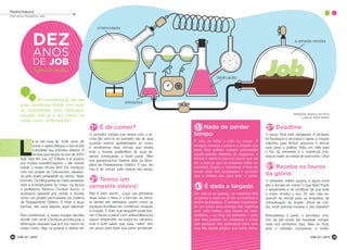 Matéria Especial
Dez anos: Parabéns Job!
32
criatividade
DEZ
ANOS
DE JOB
A fórmula secreta!
L
á se vão mais de vinte anos de
curso e agora chegou a vez da Job
completar sua primeira dezena. A
revista que surgiu no ano de 2003,
hoje está em sua 22ª edição e já passou
por muitas transformações – até versão
online a nossa revista tem! Ela começou
com um projeto do Calcomunic, idealiza-
do pelo então presidente do centro, Fábio
Schmitz. Os integrantes do Calco sentaram
com a coordenadora do curso, na época
a professora Fabrícia Durieux Zucco, e
acabaram optando por incluir a revista
como um projeto permanente da matéria
de Planejamento Gráfico. E vinte e duas
turmas, dez anos depois, aqui estamos!
Para comemorar, a nossa equipe decidiu
dividir com você a fórmula secreta para a
fabricação daquela que já é um marco no
nosso curso. Siga os passos e delicie-se!
	 Em comemoração aos dez
anos, decidimos dividir com você
os ingredientes para fabricação
daquela que já é um marco no
nosso curso: A Revista Job!
É de comer?
O primeiro contato que temos com a re-
vista Job vem lá do primeiro dia de aula
quando somos apresentados ao curso
e recebemos essa revista que revela
todo o mundo publicitário do qual es-
tamos começando a fazer parte. Mas
nos aproximamos mesmo dela na disci-
plina de Planejamento Gráfico. E não, ela
não é de comer, pelo menos não ainda.
Temos um
semestre inteiro!
Não é bem assim... Logo nas primeiras
duas aulas o tema e o formato da revis-
ta devem ser definidos, assim como as
equipes divididas em: comercial, redação
e criação. É claro que ninguém pode pre-
ver o futuro e saber com antecedência se
algum empecilho vai surgir no caminho,
mas é bom saber que cada “setor” tem
um prazo para fazer sua parte acontecer.
1º
2º
328 JOB 22 | 201328
Redação: Bianca da Silva
Layout: Sara Setter
dedicação
criatividade
pesquisa
a amada revista
Nada de perder
tempo
É hora de botar a mão na massa. A
redação começa a pauta e a criação não
pode ficar parada, sempre procurando
aquele jeitinho diferente de diagramar a
revista e deixá-la com um layout que vai
ser a cara do que os redatores estão es-
crevendo. Já para o comercial, é hora de
correr atrás dos anunciantes e ga-rantir
que a revista saia para todo o curso.
É dada a largada
Um mês já se passou, os redatores têm
as pautas e cada um já tem as matérias a
serem produzidas. É sempre importante
ter um prazo para entrega das matérias
com, pelo menos, dois meses de ante-
cedência – ao final do semestre – para
que elas possam ser revisadas e evitar
que qualquer erro gramatical deixe com
cara feia aquela página que sairia ótima.
Deadline
O prazo final está chegando! A redação
foi finalizada e revisada e agora a criação
trabalha para fechar arquivos e enviar
tudo para a gráfica. Falta um mês para
o fim do semestre e o comercial con-
seguiu bater as metas de patrocínio. Oba!
Receba os louros
da glória
O semestre inteiro passou e agora você
tem a revista em mãos! O que falta? Fazer
o lançamento e se certificar de que todo
o curso receba a sua. Só não vale es-
quecer de enviar para as empresas de
comunicação da região, afinal de con-
tas, você precisa mostrar o seu trabalho!
Brincadeiras à parte, o processo cria-
tivo da Job pode ser bastante compli-
cado nos primeiros dias. Mas no final,
todo o trabalho compensa, e muito.
5º
6º
3º
4º
JOB 22 | 2013 29
 