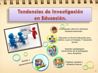 3
Calidad, equidad y
eficiencia interna.
Aspectos pedagógicos
(construcción de la pedagogía
como disciplina).
Educación no formal (educación para
adultos y para el trabajo). Y educación
formal.
Investigación sobre las relaciones
sociedad-educación.
 