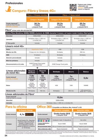 54 Consulta condiciones de la oferta y disponibilidad en tu tienda.
Profesionales Captura este código
y descubre con
Canguro cuánto puede
crecer tu negocio.
Canguro: Fibra y líneas 4G+
Fibra3
incluye router alta velocidad WiFi
Ahora Fibra Simétrica 300Mb/300Mb al precio de 50Mb durante 3 meses y el nuevo router Livebox Next gratis
Velocidad 50Mb/50Mb4
50Mb/50Mb4
50Mb/50Mb4
Llamadas
Ilimitadas a fijos y 1.000 min.
a móviles 24h.
Ilimitadas a fijos y 1.000 min.
a móviles 24h.
Ilimitadas a fijos y 1.000 min.
a móviles 24h.
2ª línea gratis Incluida Incluida Incluida
Línea/s móvil 4G+
Datos Superbono 15GB 4GB 2GB
Minutos las 24h. 2 líneas con min. Ilimitados Ilimitados 200 min.
SMS 10 cénts.€ Ilimitados Ilimitados
Atención personalizada Incluida Incluida -
Móvil de préstamo Incluido Incluido -
Almacenamiento en la nube
25GB Orange Cloud gratis
para cada línea
25GB Orange Cloud gratis -
Fibra + 2 líneas móviles
Canguro Negocio Canguro Pro Ilimitado Canguro Pro Ahorro
Cuota mensual1/2
cuota de línea incluida
50%dto. 3 meses
35,2€
3 meses
y después 70,3€
25,2€
3 meses
y después 49,6€
20,3€
3 meses
y después 39,7€
Fibra + 1 línea móvil
Líneas adicionales
de móvil 4G+
Negocio
Ilimitado
Negocio
150
Ilimitada Ahorro Básica
Cuota mensual1
50%dto. 3 meses
7,9€
3 meses
y después
15,7€
5€
3 meses
y después
9,9€
12€
3 meses
y después 23,1€
7€
3 meses
y después 13,2€
5,8€
Datos
Acceso
Superbono
15GB de
CanguroNegocio
Acceso
Superbono
15GB de
CanguroNegocio
4GB 2GB 500MB
Minutos las 24h. Ilimitados 150 min. Ilimitados 200 min. 0,83 cénts.€/min.
(Establ. llam. 17 cénts.€)
1
Promoción 50% descuento : en las altas de los packs Canguro, y líneas móviles de todas las tarifas (excepto Canguro Pro Básico, Ardilla y Mi Fijo) durante 3 meses a partir de la 2ª factura. Descuento aplicable a partir de la segunda factura a la
cuota (sin suplementos) de la oferta contratada. En el caso de Canguro, no aplica a la cuota Neba/Ono bitstream, ni cuota de otros servicios adicionales. 2
Fibra cobertura indirecta con 30Mb/5Mb + 2,5€/mes de suplemento mensual. 3
Fibra sujeta
a disponibilidad geográfica.4
Ofertas disponibles con tecnología ADSL según disponibilidad geográfica de la Fibra. Consulta condiciones a tu comercial.
Cuota mensual2
cuota de línea no incluida 10,6€
Velocidad 50Mb/50Mb
Llamadas Ilimitadas a fijos y 1.000 min. a móviles 24h.
Líneas adicionales de Fibra3
Para tu oficina
Tu Experto Orange
Cuota mensual 4,1€
Ventajas
Ayuda Experta 24h., Seguridad
y Antivirus, Disco Duro Virtual,
Revisión y Puesta a Punto
de tus dispositivos, Servicio
gratuito de atención en persona
en 100 tiendas.
Gratis 1 año con
Canguro Negocio
Solución completa Solución online
Cuota mensual Gratis hasta 30/6
y después 10,5€
Gratis hasta 30/6
y después 4,5€
Aplicaciones Office
Instalación hasta 15 dispositivos Uso online
Correo electrónico
profesional Buzón 50GB Buzón 50GB
Almacenamiento Nube 1TB con OneDrive para la empresa 1TB con OneDrive para la empresa
Videoconferenciasonline Skype empresarial Skype empresarial
Office 365 Compatible con Windows, Mac, AndroidTM
e iOS
 