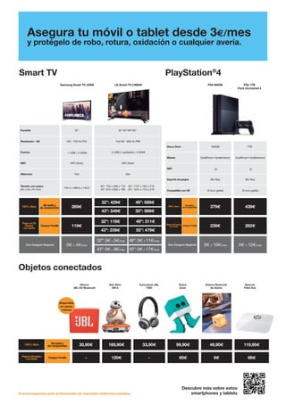 Precios expuestos para profesionales sin impuestos indirectos incluidos.
Descubre más sobre estos
smartphones y tablets
Asegura tu móvil o tablet desde 3€/mes
y protégelo de robo, rotura, oxidación o cualquier avería.
Pantalla 32” 32”/43”/49”/55”
Resolución - HZ HD - 100 Hz PQI Full HD - 900 Hz PMI
Puertos 1 USB / 2 HDMI 2 USB (1 grabador) / 3 HDMI
WiFi WiFi Direct WiFi Direct
Altavoces 10w 20w
Tamaño con peana
(An x Al x Pr mm)
745,4 x 466,6 x 150,5
32”: 733 x 483 x 170 49”: 1107 x 702 x 216
43”: 974 x 620 x 199 55”: 1241 x 775 x 216
269€
32”: 429€ 49”: 699€
43”: 549€ 55”: 999€
119€
32”: 119€ 49”: 311€
43”: 239€ 55”: 479€
Con Canguro Negocio 0€ + 4€/mes
32”: 0€+ 5€/mes 49”: 0€+ 11€/mes
43”: 0€+ 8€/mes 55”: 0€+ 17€/mes
Disco Duro 500GB 1TB
Mando DualShock 4 (inalámbrico) DualShock 4 (inalámbrico)
WiFi Si Si
Soporte de juegos Blu-Ray Blu-Ray
Compatible con 3D Si (con gafas) Si (con gafas)
100% libre 379€ 439€
Pagoen24meses
con tarifa 239€ 282€
Con Canguro Negocio 0€ + 10€/mes 0€ + 12€/mes
Samsung Smart TV J4500 PS4 500GB PS4 1TB
Pack Uncharted 4
Smart TV PlayStation®
4
CanguroFamilia
Sintarifay
sincompromiso
Pago en 24
meses
con tarifa
100% libre
CanguroFamilia
Sintarifay
sincompromiso
Pagoen24meses
con tarifa
100% libre
LG Smart TV LH604V
100% libre 30,90€ 169,90€ 33,90€ 99,90€ 49,90€ 119,95€
Con Canguro Familia - 120€ - 60€ 6€ 66€
Auriculares JBL
T300
Robot
Zowi
Altavoz Bluetooth
de diseño
Báscula
Fitbit Aria
Star Wars
BB-8
Altavoz
JBL GO Bluetooth
Objetos conectados
CanguroFamilia
Sintarifay
sincompromiso
Pagoen24meses
con tarifa
100% libre
Disponible
en varios
colores
 