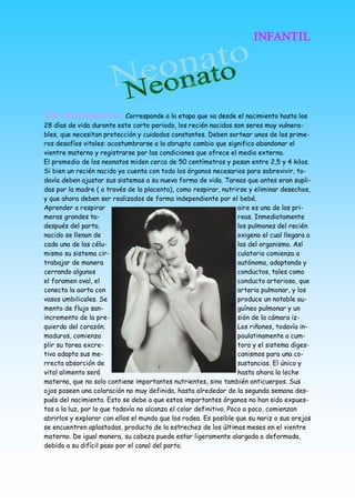 INFANTIL




Días de adaptación:  Corresponde a la etapa que va desde el nacimiento hasta los
28 días de vida durante este corto periodo, los recién nacidos son seres muy vulnera-
bles, que necesitan protección y cuidados constantes. Deben sortear unos de los prime-
ros desafíos vitales: acostumbrarse a la abrupto cambio que significo abandonar el
vientre materno y registrarse por las condiciones que ofrece el medio externo.
El promedio de los neonatos miden cerca de 50 centímetros y pesan entre 2,5 y 4 kilos.
Si bien un recién nacido ya cuenta con todo los órganos necesarios para sobrevivir, to-
davía deben ajustar sus sistemas a su nueva forma de vida. Tareas que antes eran supli-
das por la madre ( a través de la placenta), como respirar, nutrirse y eliminar desechos,
y que ahora deben ser realizados de forma independiente por el bebé.
Aprender a respirar                                                 aire es una de las pri-
meras grandes ta-                                                   reas. Inmediatamente
después del parto,                                                  los pulmones del recién
nacido se llenan de                                                 oxigeno el cual llegara a
cada una de las célu-                                               las del organismo. Así
mismo su sistema cir-                                               culatorio comienza a
trabajar de manera                                                  autónoma, adaptando y
cerrando algunos                                                    conductos, tales como
el foramen oval, el                                                 conducto arterioso, que
conecta la aorta con                                                arteria pulmonar, y los
vasos umbilicales. Se                                               produce un notable au-
mento de flujo san-                                                 guíneo pulmonar y un
incremento de la pre-                                               sión de la cámara iz-
quierda del corazón.                                                Los riñones, todavía in-
maduros, comienza                                                   paulatinamente a cum-
plir su tarea excre-                                                tora y el sistema diges-
tivo adapta sus me-                                                 canismos para una co-
rrecta absorción de                                                 sustancias. El único y
vital alimento será                                                 hasta ahora la leche
materna, que no solo contiene importantes nutrientes, sino también anticuerpos. Sus
ojos poseen una coloración no muy definida, hasta alrededor de la segunda semana des-
pués del nacimiento. Esto se debe a que estos importantes órganos no han sido expues-
tos a la luz, por lo que todavía no alcanza el color definitivo. Poco a poco, comienzan
abrirlos y explorar con ellos el mundo que los rodea. Es posible que su nariz o sus orejas
se encuentren aplastadas, producto de la estrechez de los últimos meses en el vientre
materno. De igual manera, su cabeza puede estar ligeramente alargada o deformada,
debido a su difícil paso por el canal del parto. 
 