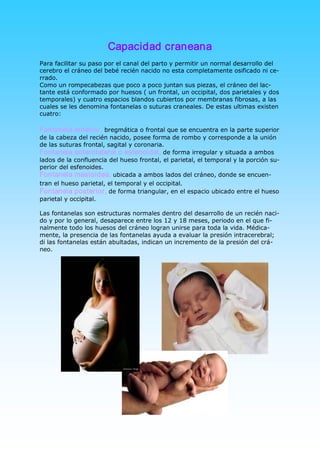 Capacidad craneana 
Para facilitar su paso por el canal del parto y permitir un normal desarrollo del 
cerebro el cráneo del bebé recién nacido no esta completamente osificado ni ce­ 
rrado. 
Como un rompecabezas que poco a poco juntan sus piezas, el cráneo del lac­ 
tante está conformado por huesos ( un frontal, un occipital, dos parietales y dos 
temporales) y cuatro espacios blandos cubiertos por membranas fibrosas, a las 
cuales se les denomina fontanelas o suturas craneales. De estas ultimas existen 
cuatro: 

Fontanela anterior, bregmática o frontal que se encuentra en la parte superior 
de la cabeza del recién nacido, posee forma de rombo y corresponde a la unión 
de las suturas frontal, sagital y coronaria. 
Fontanela anterolateral o esfenoidal, de forma irregular y situada a ambos 
lados de la confluencia del hueso frontal, el parietal, el temporal y la porción su­ 
perior del esfenoides. 
Fontanela mastoidea, ubicada a ambos lados del cráneo, donde se encuen­ 
tran el hueso parietal, el temporal y el occipital. 
Fontanela posterior, de forma triangular, en el espacio ubicado entre el hueso 
parietal y occipital. 

Las fontanelas son estructuras normales dentro del desarrollo de un recién naci­ 
do y por lo general, desaparece entre los 12 y 18 meses, periodo en el que fi­ 
nalmente todo los huesos del cráneo logran unirse para toda la vida. Médica­ 
mente, la presencia de las fontanelas ayuda a evaluar la presión intracerebral; 
di las fontanelas están abultadas, indican un incremento de la presión del crá­ 
neo.
 