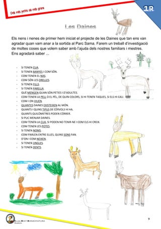 9
Els nens i nenes de primer hem iniciat el projecte de les Daines que tan ens van
agradar quan vam anar a la sortida al Parc Sama. Farem un treball d’investigació
de moltes coses que volem saber amb l’ajuda dels nostres familiars i mestres.
Ens agradarà saber ...
- SI TENEN CUA.
- SI TENEN BANYES I COM SÓN.
- COM TENEN EL NAS.
- COM SÓN LES ORELLES.
- SI TENEN FILLS.
- SI TENEN PARELLA.
- QUÈ MENGEN QUAN SÓN PETIES I D’ADULTES.
- COM TENEN LA PELL O EL PÈL, DE QUIN COLORS, SI HI TENEN TAQUES, SI ELS HI CAU.
- COM I ON VIUEN.
- QUANTES DAINES EXISTEIXEN AL MÓN.
- QUANTS I QUINS TIPUS DE CÈRVOLS HI HA.
- QUANTS QUILÒMETRES PODEN CÓRRER.
- SI PUC MENJAR DAINES.
- COM TENEN LA CUA, SI PODEN NO TENIR-NE I COM ELS HI CREIX.
- COM TENEN LES POTES.
- SI TENEN NOMS.
- COM PARLEN ENTRE ELLES, QUINS SONS FAN.
- D’ON I COM NEIXEN.
- SI TENEN UNGLES.
- SI TENEN DENTS.
 