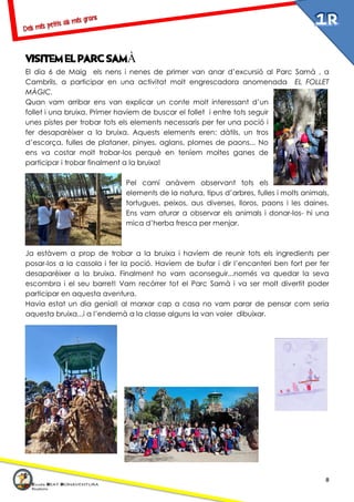8
VISITEM EL PARC SAMÀ
El dia 6 de Maig els nens i nenes de primer van anar d’excursió al Parc Samà , a
Cambrils, a participar en una activitat molt engrescadora anomenada EL FOLLET
MÀGIC.
Quan vam arribar ens van explicar un conte molt interessant d’un
follet i una bruixa. Primer havíem de buscar el follet i entre tots seguir
unes pistes per trobar tots els elements necessaris per fer una poció i
fer desaparèixer a la bruixa. Aquests elements eren: dàtils, un tros
d’escorça, fulles de plataner, pinyes, aglans, plomes de paons... No
ens va costar molt trobar-los perquè en teníem moltes ganes de
participar i trobar finalment a la bruixa!
Pel camí anàvem observant tots els
elements de la natura, tipus d’arbres, fulles i molts animals,
tortugues, peixos, aus diverses, lloros, paons i les daines.
Ens vam aturar a observar els animals i donar-los- hi una
mica d’herba fresca per menjar.
Ja estàvem a prop de trobar a la bruixa i havíem de reunir tots els ingredients per
posar-los a la cassola i fer la poció. Havíem de bufar i dir l’encanteri ben fort per fer
desaparèixer a la bruixa. Finalment ho vam aconseguir...només va quedar la seva
escombra i el seu barret! Vam recórrer tot el Parc Samà i va ser molt divertit poder
participar en aquesta aventura.
Havia estat un dia genial! al marxar cap a casa no vam parar de pensar com seria
aquesta bruixa...i a l’endemà a la classe alguns la van voler dibuixar.
 