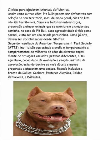 Clínicas para ajudarem crianças deficientes. 
Assim como outros cães, Pit Bulls podem ser defensivos com 
relação ao seu território, mas, de modo geral, cães de luta 
não são territoriais. Como em todas as outras raças, 
propensão a atacar animais que se aventurem a cruzar seu 
caminho, no caso do Pit Bull, essa agressividade é tida como 
normal, visto ser um cão criado para rinhas. Como já dito, 
devem ser sociabilizados desde filhotes. 
Segundo resultado da American Temperament Test Society 
(ATTS), instituição que estuda e avalia o temperamento e 
comportamento de milhares de cães de diversas raças, 
diante de situações variadas, pessoas diferentes, o seu 
equilíbrio, capacidade de avaliação e reação, instinto de 
aprovação, estando dentre os mais dóceis e menos 
propensos a atacarem uma pessoa, ficando inclusive a 
frente de Collies, Cockers, Pastores Alemães, Golden 
Retrievers, e Dálmatas. 
 