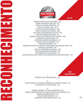 RECONHECIMENT
SIMONE MARIA DA SILVAVIEIRA - SP
SONIA DA ROCHA SANTOS - DF
SUELI DE FATIMA MARTINS - SP
SUZY DE JESUS LIMA - MG
TATYANE CASTRO SOARES - MG
THAIS LOUZADA DE SOUSA - MG
VALDOIR DE BITENCOURTVELHO - RS
VALMAR ROMEU MARTINS - SC
VANESSA KELLEN FERREIRA DOS SANTOS - MG
VANILSON JUNIO MAZZA - SP
VERA DOS SANTOSWALERIUS - RS
VINICIUS MOTTA SOARES - RS
WAGNER MARTINS - RJ
WAGNER OLIVEIRA DA ROSA E FERNANDA ROEHRS DA SILVA - RS
WESCLEITOLOMEU - SP
WESLEY FERREIRA DE JESUS - MG
WILLIAM BALIEIRO HONORIO - SP
WILLIMAR FELIX DE SOUZA - RJ
ZELINA MARIA SILVA GAMA EWALDEMAR DOS SANTOS GAMA – RS
1º
RENATO JOSE MAIA BEIRAO – RJ
2º
FELIPEVARELLA GUEDES E MARIANA CARDOSO PANZA - RJ
WILLIMAR FELIX DE SOUZA – RJ
3º
ANDREI GABRIEL DA SILVA MARTINEZ - RS
DIOGO CASTANO BRASIL E CINTIA PACHECO FERREIRA - RJ
DANIEL AMORIM BATISTA - SP
RITA SCHARF BEIRAO - RJ
GILBERTO FERNANDES CRUZ - RN
ELITE
TOP
CADASTROS
ELITE
15
 