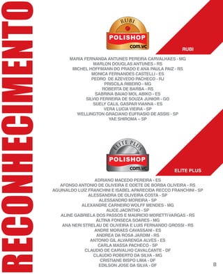 RECONHECIMENT
MARIA FERNANDA ANTUNES PEREIRA CARVALHAES - MG
MARLON DOUGLAS ANTUNES - RS
MICHEL HOFFMANN DO PRADO E ANA PAULA PAIZ - RS
MONICA FERNANDES CASTELLI - ES
PEDRO DE AZEVEDO PACHECO - RJ
PRISCILA RIBEIRO - MG
ROBERTA DE BARBA - RS
SABRINA BAIAO MOL ABIKO - ES
SILVIO FERREIRA DE SOUZA JUNIOR - GO
SUELY CALIL GASPARVIANNA - ES
VERA LUCIAVIEIRA - SP
WELLINGTON GRACIANO EUFRASIO DE ASSIS - SP
YAE SHIROMA – SP
RUBI
RRRRRRUUUUR BBBBBBIIIII
ADRIANO MACEDO PEREIRA - ES
AFONSO ANTONIO DE OLIVEIRA E ODETE DE BORBA OLIVEIRA - RS
AGUINALDO LUIZ FRANCHINI E ISABEL APARECIDA RECCO FRANCHINI - SP
ALESSANDRA DE OLIVEIRA COSTA - SP
ALESSANDRO MOREIRA - SP
ALEXANDRE CARNEIROWOLFF MENDES - MG
ALICE JACINTHO - SP
ALINE GABRIELA DOS PASSOS E MAURICIO MORETTIVARGAS - RS
ALTINA FONSECA SOARES - MG
ANA NERI STRELAU DE OLIVEIRA E LUIS FERNANDO GROSSI - RS
ANDRE MORAES CAVASSANI - ES
ANDREA DA ROSA JARDIM - RS
ANTONIO GIL ALVARENGA ALVES - ES
CARLA MASSA PACHECO - SP
CLAUDIO DE CARVALHO CAVALCANTE - DF
CLAUDIO ROBERTO DA SILVA - MG
CRISTIANE BISPO LIMA - DF
EDILSON JOSE DA SILVA - DF
ELITE PLUS
E
LITE PLUL
S
8
 