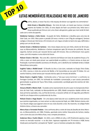 LUTAS MEMORÁVEIS REALIZADAS NO RIO DE JANEIROTOP 10
C
onﬁra, abaixo, o nosso Top 10, e não esqueça de deixar sua sugestão nos comentários!
Helio Gracie x Masahiko Kimura - No início de tudo, um duelo que marcou o templo
máximo do futebol. Em 1955, 23 anos depois de fazer sua primeira luta, Helio teve o
braço quebrado por Kimura com uma chave ude-garame, golpe que mais tarde foi ba.-
zado com o nome do japonês.
Waldemar Santana x Helio Gracie - Ex-pupilo de Helio, Waldemar o desaﬁou para uma luta de
Vale-Tudo, em 1955. Mais jovem e pesado (19 anos a menos e com 27kg de vantagem), Santana
cas.gou o Gracie por três horas e 45 minutos em um ringue armado no bairro da Lapa, deﬁnindo a
peleja com um .ro de meta.
Carlson Gracie x Waldemar Santana – Seis meses depois da luta com Helio, diante de 30 mil pes-
soas no Maracanãzinho, Waldemar e Carlson empataram após 50 minutos de confronto. No ano
seguinte, Carlson venceu por nocaute técnico após 49 minutos. Eles se enfrentaram mais quatro
vezes, com três empates e uma vitória do Gracie.
Rickson Gracie x Rei Zulu - Nos anos 80, o domínio de Rickson em lutas de academia forçou a fa-
mília a casar um duelo para provar sua superioridade ao público, e o Gracie venceu as duas por
ﬁnalização. A primeira batalha aconteceu em Brasília, com o desfecho da rivalidade tendo a Cidade
Maravilhosa como palco.
Eugênio Tadeu x Wallid Ismail - O Desaﬁo Jiu-Jitsu x Luta Livre, realizado no Grajáu Tênis Clube,
em 1991, marcou o início da carreira de Wallid, e foi transmi.da ao vivo pela TV Globo. Em um
evento histórico, Ismail venceu por nocaute técnico após 16 minutos de batalha.
Renzo Gracie x Eugênio Tadeu - Conhecida como a “luta que nunca terminou”, o confronto no
Pentagon Combat, em 1997, foi recheado de rivalidade e provocação, o que causou pancadaria
generalizada no ginásio do Tijuca Tênis Clube, ocasionando a proibição geral de eventos de Vale-
Tudo na cidade.
Amaury Bite$ x Mestre Hulk - Escalado como representante da arte suave no Campeonato Brasi-
leiro de Vale-Tudo, realizado no Maracanãzinho em 1995, BiteK conquistou rápidas vitórias nas
duas primeiras aparições, mas, ao ﬁnal do torneio, o nocaute sofrido em 22 segundos para Mestre
Hulk foi um choque entre os pra.cantes do Jiu-Jitsu.
Rickson Gracie x Hugo Duarte - Em uma época onde lutas de rua e academia eram mais comuns
que eventos organizados, os rivais saíram na mão na praia do Pepê, em 1988. Rickson clamou vitó-
ria e Duarte alegou que jogaram areia em seu rosto durante a luta. Na revanche, no colégio Padre
Antônio Vieira, o Gracie saiu vencedor.
Marco Ruas x Fernando Pinduka - Este confronto abriu a noite de lutas do Desaﬁo de Artes Marci-
ais, no Maracanãzinho, em 1984. Pinduka, apontado como melhor faixa-preta de Carlson, duelou
com o ícone da Luta Livre Marco Ruas, mas o empate prevaleceu.
Anderson Silva x Yushin Okami - Em 2011, com o MMA em alta, o UFC ﬁnalmente apostou nova-
mente no mercado nacional – e se deu bem. Ingressos esgotados em 74 minutos e HSBC Arena
lotada para acompanhar o atropelo do “Spider”, que se manteve campeão dos médios.
 