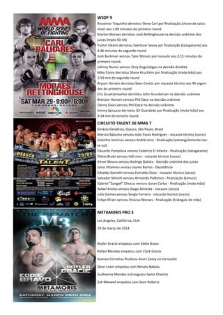 WSOF 9
Rousimar Toquinho derrotou Steve Carl por ﬁnalização (chave de calca-
nhar) aos 1:09 minutos do primeiro round
Marlon Moraes derrotou Josh ReKnghouse na decisão unânime dos
juízes (triplo 50-44)
Yushin Okami derrotou Svetlozar Savov por ﬁnalização (katagatame) aos
4:46 minutos do segundo round.
Josh Burkman venceu Tyler S.nson por nocaute aos 2:15 minutos do
primeiro round.
Johnny Nunez venceu Ozzy Dugulubgov na decisão dividida
Mike Corey derrotou Shane Kruchten por ﬁnalização (mata-leão) aos
2:59 min do segundo round
Bryson Hansen derrotou Sean Cantor por nocaute técnico aos 46 segun-
dos do primeiro round
Cris Gruetzemacher derrotou John Grunderson na decisão unânime
Brenson Hansen venceu Phil Dace na decisão unânime
Danny Davis venceu Phil Dace na decisão unânime
Jimmy Spicuzza derrotou Gil Guardado por ﬁnalização (mata-leão) aos
3:14 min do terceiro round.
CIRCUITO TALENT DE MMA 7
Ginásio Geodésio, Osasco, São Paulo, Brasil
Marcos Babuíno venceu João Paulo Rodrigues - nocaute técnico (socos)
Celsinho Venicius venceu André Urso - ﬁnalização (estrangulamento nor-
te-sul)
Eduardo Pamplona venceu Federico El Infante - ﬁnalização (katagatame)
Clécio Bruto venceu Udi Lima - nocaute técnico (socos)
Kitner Moura venceu Rodrigo Ba.sta - Decisão unânime dos juízes
Janio Vitamina venceu Jayme Barros - Desistência
Edvaldo Gameth venceu Everaldo Osso - nocaute técnico (socos)
Salvador Minni. venceu Armando Polêmico - ﬁnalização (kimura)
Gabriel "Zangief" Checco venceu Uyran Carlos - ﬁnalização (mata-leão)
Rafael Kratos venceu Diogo Almeida - nocaute (socos)
Julio Gomes venceu Sergio Ferreira - nocaute técnico (socos)
Felipe Efrain venceu Vinicius Moraes - ﬁnalização (triângulo de mão)
METAMORIS PRO 3
Los Angeles, Califórnia, EUA
29 de março de 2014
Royler Gracie empatou com Eddie Bravo
Rafael Mendes empatou com Clark Gracie
Keenan Cornelius ﬁnalizou Kevin Casey no tornozelo
Dean Lister empatou com Renato Babalu
Guilherme Mendes estrangulou Samir Chantre
Zak Maxwell empatou com Sean Roberts
 