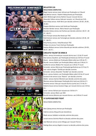 BELLATOR 116
RESULTADOS COMPLETOS:
Blagoi Ivanov venceu Lavar Johnson por ﬁnalização no 1 Round
Joey Beltran venceu Vladimir Matyushenko por ﬁnalização
Adam McDonough venceu Nathan Coy por nocaute técnico
Alexander Volkov venceu Siala por nocaute no 1 Round aos 2:44 -
Dave Vitkay venceu Keith Berry por decisão unânime ( 29-28 , 29-28 ,
29-28 )
Poppies Mar.nez venceu Josh Smith por ﬁnalização
Brandon Bender venceu Mario Navarro por ﬁnalização
Brandon Halsey venceu Joe Pacheco por decisão unânime ( 30-27 , 30-
27 , 30-27 )
Karo Parisyan venceu Ron Keslar por TKO
Rob Emerson venceu Joe Taimanglo por decisão unânime ( 29-28 , 30-
27 , 30-27 )
Ricky Rainey venceu Andy Murad por TKO
Philipe Lins venceu Travis Clark por ﬁnalização
Rodney Wallace venceu Carlos Eduardo por decisão unânime ( 29-28 ,
30-27 , 30-27 )
CIRCUITO TALENT DE MMA 8
Arthur venceu Fernando por nocaute técnico aos 1:13 do 2º round
Davi venceu Claudiere por ﬁnalização (armlock) aos 3:07 do 1º round
Alvaro venceu Rafael por ﬁnalização (Mata-Leão) aos 2:05 do 2º r
Ricardo venceu Rafael por ﬁnalização (Mata-Leão) aos 2:38 do 1º r
Guilherme venceu Maikon Por nocaute aos 1:39 do 1º round
Fernando venceu Márcio por ﬁnalização (guilho.na) aos 2:57 do 1º r
José venceu Angelo “Gambá por decisão unanime
Fernando venceu Alexandre “Xandão” por decisão unanime
Bruno venceu Soslenis por ﬁnalização (Mata-Leão) 4:33 do 3º round
Gustavo Erak venceu Lucas “Baiano” por decisão unanime
Walter venceu Everton Monteiro por decisão unanime dos juízes
Mariana venceu Marianapor ﬁnalização (Arm-lock) aos 0:44 do 1º r
Anselmo venceu Tales por nocaute técnico (corte) aos 2:17 do 2º r
Roberto Souza venceu Gustavo Veiga por nocaute técnico aos 2:29 do
2º r
Uyran venceu Adriano por nocaute aos 3:30 do 1º r
Fernando venceu Mario por WO
Ricardo venceu Moreno por nocaute técnico aos 2:40 do 1º round
III SUPER BAD BOY FIGHT
RESULTADOS COMPLETOS:
Max Cyborg venceu Herison por ﬁnalização
Fabrício venceu Muquinho por desistência
Blade venceu Soldado na decisão unânime dos juizes
Isarael venceu Zezinho Pitbull na decisão unânime dos juizes
José Mamute venceu Junior Mingau por nocaute Técnico
Rodrigo Bozo venceu Rogério Icoaraci na decisão unânime dos juizes.
 