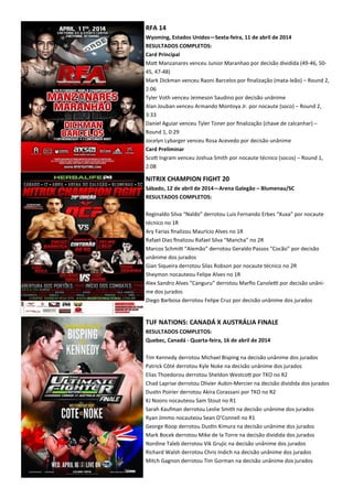 RFA 14
Wyoming, Estados Unidos—Sexta-feira, 11 de abril de 2014
RESULTADOS COMPLETOS:
Card Principal
MaX Manzanares venceu Junior Maranhao por decisão dividida (49-46, 50-
45, 47-48)
Mark Dickman venceu Raoni Barcelos por ﬁnalização (mata-leão) – Round 2,
2:06
Tyler Voth venceu Jeimeson Saudino por decisão unânime
Alan Jouban venceu Armando Montoya Jr. por nocaute (soco) – Round 2,
3:33
Daniel Aguiar venceu Tyler Toner por ﬁnalização (chave de calcanhar) –
Round 1, 0:29
Jocelyn Lybarger venceu Rosa Acevedo por decisão unânime
Card Preliminar
ScoX Ingram venceu Joshua Smith por nocaute técnico (socos) – Round 1,
2:08
NITRIX CHAMPION FIGHT 20
Sábado, 12 de abril de 2014—Arena Galegão – Blumenau/SC
RESULTADOS COMPLETOS:
Reginaldo Silva “Naldo” derrotou Luis Fernando Erbes “Xuxa” por nocaute
técnico no 1R
Ary Farias ﬁnalizou Maurício Alves no 1R
Rafael Dias ﬁnalizou Rafael Silva “Mancha” no 2R
Marcos SchmiX “Alemão” derrotou Geraldo Passos “Cocão” por decisão
unânime dos jurados
Gian Siqueira derrotou Silas Robson por nocaute técnico no 2R
Sheymon nocauteou Felipe Alves no 1R
Alex Sandro Alves “Canguru” derrotou Marﬁo CanoleK por decisão unâni-
me dos jurados
Diego Barbosa derrotou Felipe Cruz por decisão unânime dos jurados
TUF NATIONS: CANADÁ X AUSTRÁLIA FINALE
RESULTADOS COMPLETOS:
Quebec, Canadá - Quarta-feira, 16 de abril de 2014
Tim Kennedy derrotou Michael Bisping na decisão unânime dos jurados
Patrick Côté derrotou Kyle Noke na decisão unânime dos jurados
Elias Thoedorou derrotou Sheldon WestcoX por TKO no R2
Chad Laprise derrotou Olivier Aubin-Mercier na decisão dividida dos jurados
Dus.n Poirier derrotou Akira Corassani por TKO no R2
KJ Noons nocauteou Sam Stout no R1
Sarah Kaufman derrotou Leslie Smith na decisão unânime dos jurados
Ryan Jimmo nocauteou Sean O’Connell no R1
George Roop derrotou Dus.n Kimura na decisão unânime dos jurados
Mark Bocek derrotou Mike de la Torre na decisão dividida dos jurados
Nordine Taleb derrotou Vik Grujic na decisão unânime dos jurados
Richard Walsh derrotou Chris Indich na decisão unânime dos jurados
Mitch Gagnon derrotou Tim Gorman na decisão unânime dos jurados
 