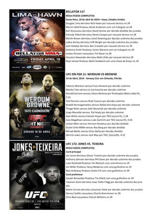 BELLATOR 117
RESULTADOS COMPLETOS:
Sexta-feira, 18 de abril de 2014—Iowa, Estados Unidos
Douglas Lima derrotou Rick Hawn por nocaute técnico no 2R
Marcin Held ﬁnalizou Derek Anderson com um triângulo no 2R
Karl Amoussou derrotou David Gomez por decisão dividida dos jurados
Patricky Pitbull derrotou Derek Campos por nocaute técnico no 2R
Mar.n Brown derrotou Jared Downing por decisão unânime dos jurados
LaRue Burley derrotou Cliﬀ Wright por decisão unânime dos jurados
Josh Vedepo derrotou Ben Crowder por nocaute técnico no 1R
Anthony Smith ﬁnalozou Victor Moreno com um triângulo no 2R
Jordan Parsons nocauteou Tim Bazer no 2R
Houston Alexander derrotou MaX Uhde por nocaute técnico 2R
Ryan Jansen ﬁnalizou Mark Stoddard com uma chave de braço no 1R
UFC ON FOX 11: WERDUM VS BROWNE
19 de Abril, 2014 - Amway Cter em Orlando, Flórida
Fabricio Werdum venceuTravis Browne por decisão unânime
Miesha Tate venceu Liz Carmouche por decisão unânime
Donald Cerrone venceu Edson Barbosa por ﬁnalização (Mata Leão) R1,
3:15
Yoel Romero venceu Brad Tavares por decisão unânime
Khabib Nurmagomedov venceu Rafael dos Anjos por decisão unânime
Thiago Alves venceu Seth Baczynski por decisão unânime
Jorge Masvidal venceu Pat Healy por decisão unânime
Alex White venceu Estevan Payan por TKO (socos) R1, 1:28
Caio Magalhaes venceu Luke Zachrich por TKO (socos) R1, 0:44
Jordan Mein venceu Hernani Perpetuo por decisão dividida
Dus.n Or.z MMA venceu Ray Borg por decisão dividida
Mirsad Bek.c venceu Chas Skelly por decisão dividida
Derrick Lewis venceu Jack May por TKO, (Socos)R1, 4:23
UFC 172: JONES VS. TEIXEIRA
RESULTADOS COMPLETOS:
Card principal
Jon Jones derrotou Glover Teixeira por decisão unânime dos jurados
Anthony Johnson derrotou Phil Davis por decisão unânime dos jurados
Luke Rockhold ﬁnalizou Tim Boetsch com uma kimura no 1R
Jim Miller ﬁnalizou Yancy Medeiros com uma guilho.na no 1R
Max Holloway ﬁnalizou Andre Fili com uma guilho.na no 3R
Card preliminar
Joseph Benavidez ﬁnalizou Tim EllioX com uma guilho.na no 1R
Takanori Gomi derrotou Isaac Vallie-Flagg por decisão unânime dos jura-
dos
Bethe Correia derrotou Jessamyn Duke por decisão unânime dos jurados
Danny Cas.llo nocauteou Charlie Brenneman no 2R
Chris Beal nocauteou Patrick Williams no 2R
 