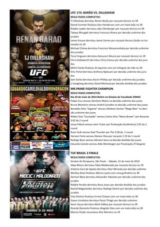 UFC 173: BARÃO VS. DILLASHAW
RESULTADOS COMPLETOS:
TJ Dillashaw derrotou Renan Barão por nocaute técnico no 5R
Daniel Cormier ﬁnalizou Dan Henderson com um mata-leão no 3R
Robbie Lawler derrotou Jake Ellenberger por nocaute técnico no 3R
Takeya Mizugaki derrotou Francisco Rivera por decisão unânime dos
jurados
James Krause derrotou Jamie Varner por nocaute técnico (lesão no tor-
nozelo) no 1R
Michael Chiesa derrotou Francisco Massaranduba por decisão unânime
dos jurados
Tony Ferguson derrotou Katsunori Kikuno por nocaute técnico no 1R
Chris Holdsworth derrotou Chico Camus por decisão unânime dos jura-
dos
Mitch Clarke ﬁnalizou Al Iaquinta com um triângulo de mão no 2R
Vinc Pichel derrotou Anthony Njokuani por decisão unânime dos jura-
dos
Sam Sicilia derrotou Aaron Phillips por decisão unânime dos jurados
Li Jiangliang derrotou David Michaud por decisão dividida dos jurados
MR.PRIME FIGHTER CHAMPION
RESULTADOS COMPLETOS:
Dia 24 de maio de 2014 Belém no Ginásio da Faculdade ESMAC
Felipe Cruz venceu Denilson Matos na decisão unânime dos juizes
Bruno Monteiro venceu André Carvalho na decisão unânime dos juizes
Benedito Silva "Gigante" venceu Gleidson Santos "Mega Man" na deci-
são unânime dos juizes
Rildeci Dias "Escorpião" venceu Carlos Silva "Mano Brown" por Nocaute
3:02 do 2 round
Jonas Pitbull venceu John Trator por ﬁnalização (Guilho.na) 2:02 do 2
round
Ruan Hulk venceu Kael Thunder por Tko 3:58 do 1 round
Herison Forte venceu Gleison Dias por nocaute 1:19 do 1 round
Rodrigo Bozo venceu Adriano Sena na decisão dividida dos juizes
Eduardo Camelo venceu Aldo Mondragon por ﬁnalização (Triângulo)
TUF BRASIL 3 FINALE
RESULTADOS COMPLETOS:
Ginásio do Ibirapuera, São Paulo - Sábado, 31 de maio de 2014
S.pe Miocic derrotou Fábio Maldonado por nocaute técnico no 1R
Antônio Cara de Sapato derrotou Vitor Miranda por decisão unânime
Warlley Alves ﬁnalizou Márcio Lyoto com uma guilho.na no 3R
Demian Maia derrotou Alexander Yakovlev por decisão unânime dos
jurados
Robbie Peralta derrotou Rony Jason por decisão dividida dos jurados
Rashid Magomedov derrotou Rodrigo Damm por decisão unânime dos
jurados
Elias Silvério ﬁnalizou Ernest Chavez com um mata-leão no 3R
Gasan Umalatov derrotou Paulo Thiago por decisão unânime
Kevin Souza derrotou Mark Eddiva por nocaute técnico no 2R
Ricardo Demente ﬁnalizou Wagnão Silva com um mata-leão no 2R
Marcos Pezão nocauteou Rick Monstro no 1R
 
