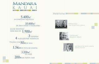 k a u a i
                                   Projetistas:
           5.400m      2

    de complexo aquático


                  35.000m2                        URBANíSTICO
                                                  Idea! Arquetura e design
      de Área verde e Paisagismo

Clube privativo
com mais de
            1.900m         2



                3 quadras                           paisagismo

      4 playgrounds temáticos
                                                    Benedito Abbud


Piscina com
            50m de raia
                                                           decoração de áreas comuns
   1,5km de pista de cooper                                Debora Aguiar



            3.200m2
                  de lago

    200m de frente mar
 