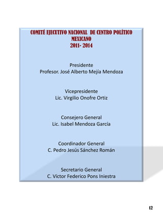 COMITÉ EJECUTIVO NACIONAL DE CENTRO POLÍTICO
                  MEXICANO
                  2011- 2014


                  Presidente
    Profesor. José Alberto Mejía Mendoza


               Vicepresidente
          Lic. Virgilio Onofre Ortiz


              Consejero General
         Lic. Isabel Mendoza García


            Coordinador General
       C. Pedro Jesús Sánchez Román


              Secretario General
       C. Víctor Federico Pons Iniestra




                                               12
 