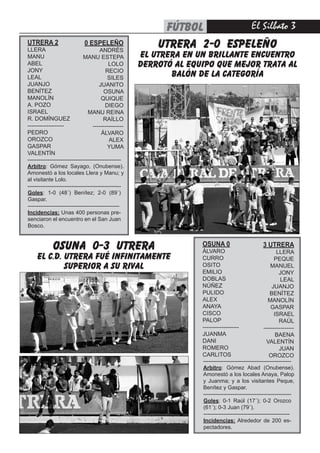 El Silbato 3fútbol
OSUNA 0
ÁLVARO
CURRO
OSITO
EMILIO
DOBLAS
NÚÑEZ
PULIDO
ALEX
ANAYA
CISCO
PALOP
-------------------
JUANMA
DANI
ROMERO
CARLITOS
3 UTRERA
LLERA
PEQUE
MANUEL
JONY
LEAL
JUANJO
BENÍTEZ
MANOLÍN
GASPAR
ISRAEL
RAÚL
----------------
BAENA
VALENTÍN
JUAN
OROZCO
------------------------------------------------
Arbitro: Gómez Abad (Onubense).
Amonestó a los locales Anaya, Palop
y Juanma; y a los visitantes Peque,
Benítez y Gaspar.
------------------------------------------------
Goles: 0-1 Raúl (17´); 0-2 Orozco
(61´); 0-3 Juan (79´).
-----------------------------------------------
Incidencias: Alrededor de 200 es-
pectadores.
utrera 2-0 espeleño
el utrera en un brillante encuentro
derrotó al equipo que mejor trata al
balón de la categoría
UTRERA 2
LLERA
MANU
ABEL
JONY
LEAL
JUANJO
BENÍTEZ
MANOLÍN
A. POZO
ISRAEL
R. DOMÍNGUEZ
-------------------
PEDRO
OROZCO
GASPAR
VALENTÍN
0 ESPELEÑO
ANDRÉS
MANU ESTEPA
LOLO
RECIO
SILES
JUANITO
OSUNA
QUIQUE
DIEGO
MANU REINA
RAÍLLO
----------------
ÁLVARO
ALEX
YUMA
---------------------------------------------------
Arbitro: Gómez Sayago, (Onubense).
Amonestó a los locales Llera y Manu; y
al visitante Lolo.
---------------------------------------------------
Goles: 1-0 (48´) Benítez; 2-0 (89´)
Gaspar.
--------------------------------------------------
Incidencias: Unas 400 personas pre-
senciaron el encuentro en el San Juan
Bosco.
osuna 0-3 utrera
el c.d. utrera fué infinitamente
superior a su rival
 