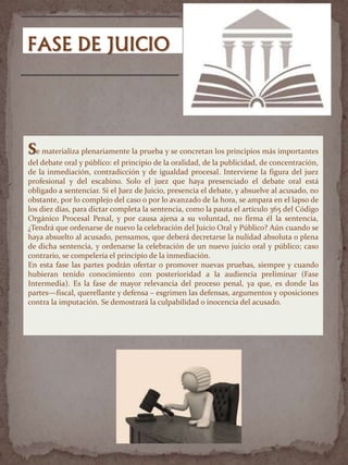 Se materializa plenariamente la prueba y se concretan los principios más importantes
del debate oral y público: el principio de la oralidad, de la publicidad, de concentración,
de la inmediación, contradicción y de igualdad procesal. Interviene la figura del juez
profesional y del escabino. Solo el juez que haya presenciado el debate oral está
obligado a sentenciar. Si el Juez de Juicio, presencia el debate, y absuelve al acusado, no
obstante, por lo complejo del caso o por lo avanzado de la hora, se ampara en el lapso de
los diez días, para dictar completa la sentencia, como la pauta el artículo 365 del Código
Orgánico Procesal Penal, y por causa ajena a su voluntad, no firma él la sentencia,
¿Tendrá que ordenarse de nuevo la celebración del Juicio Oral y Público? Aún cuando se
haya absuelto al acusado, pensamos, que deberá decretarse la nulidad absoluta o plena
de dicha sentencia, y ordenarse la celebración de un nuevo juicio oral y público; caso
contrario, se compelería el principio de la inmediación.
En esta fase las partes podrán ofertar o promover nuevas pruebas, siempre y cuando
hubieran tenido conocimiento con posterioridad a la audiencia preliminar (Fase
Intermedia). Es la fase de mayor relevancia del proceso penal, ya que, es donde las
partes—fiscal, querellante y defensa – esgrimen las defensas, argumentos y oposiciones
contra la imputación. Se demostrará la culpabilidad o inocencia del acusado.
FASE DE JUICIO
 