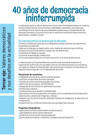 La educación para la vida en democracia tiene como finalidad promover en nuestros
chicos el desarrollo de conocimientos, habilidades, destrezas y actitudes que
contribuyen a la formación de personalidades respetuosas y conscientes de los
derechos humanos y la construcción de un estilo de convivencia más armonioso,
participativo, solidario y justo.
En consecuencia se busca que la escuela:
Ofrezca condiciones para que sus integrantes puedan expresar sus opiniones y
propuestas con libertad.
Opte por el diálogo y la negociación como medio de resolución de conflictos.
Propicie la vivencia de afecto y respeto por las diferencias.
Favorezca el trabajo en equipo.
Estimule el aprendizaje colaborativo.
Promueva la participación y el involucramiento en la toma de decisiones.
La democracia es fundamentalmente una forma de convivencia tanto en la
organización política de una sociedad como en las relaciones entre sus miembros.
Las leyes son pilares fundamentales, pero estas solas no bastan si no ponemos en
vigencia la participación y la “mirada atenta” de todos.
Situaciones de enseñanza:
Indagación acerca de los conocimientos previos.
Lecturas compartidas de textos variados.
Estudio de casos buscando posibles soluciones.
Definición de conceptos: ACTOR SOCIAL.
Búsqueda de información en diferentes recursos.
Entrevistas a adultos.
Problematizaciones desde la cotidianeidad.
Discusión en torno a situaciones vinculadas con el cumplimiento de los derechos.
Descripción y análisis de imágenes y viñetas.
Registro escrito de información obtenida mediante la indagación, la selección y la
comparación.
Caracterizar los conflictos inherentes a la sociedad más cercana.
Preguntas integradoras:
¿Qué derechos están garantizados en democracia?
¿Qué debemos hacer para fortalecerla?
¿Cuál es la función de las fuerzas públicas?
¿Cómo podemos ejercer el derecho ciudadano de participación?
40 años de democracia
ininterrumpida
Tercer
eje:
Valores
democráticos
y
sus
desafíos
en
la
actualidad
 