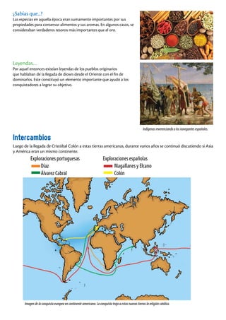 67
Intercambios
Luego de la llegada de Cristóbal Colón a estas tierras americanas, durante varios años se continuó discutiendo si Asia
y América eran un mismo continente.
¿Sabías que...?
Las especias en aquella época eran sumamente importantes por sus
propiedades para conservar alimentos y sus aromas. En algunos casos, se
consideraban verdaderos tesoros más importantes que el oro.
Leyendas…
Por aquel entonces existían leyendas de los pueblos originarios
que hablaban de la llegada de dioses desde el Oriente con el fin de
dominarlos. Este constituyó un elemento importante que ayudó a los
conquistadores a lograr su objetivo.
Indígenasreverenciandoalosnavegantesespañoles.
Exploraciones portuguesas
Díaz
Álvarez Cabral
Exploraciones españolas
Magallanes y Elcano
Colón
Imagendelaconquistaeuropeaencontinenteamericano.Laconquistatrajoaestasnuevastierraslareligióncatólica.
 