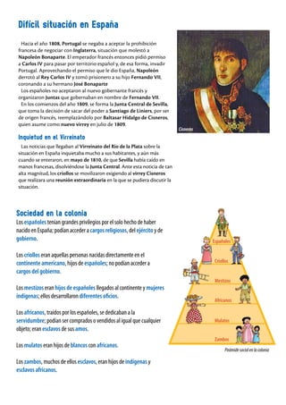 Difícil situación en España
Hacia el año 1808, Portugal se negaba a aceptar la prohibición
francesa de negociar con Inglaterra, situación que molestó a
Napoleón Bonaparte. El emperador francés entonces pidió permiso
a Carlos IV para pasar por territorio español y, de esa forma, invadir
Portugal. Aprovechando el permiso que le dio España, Napoleón
derrotó al Rey Carlos IV y tomó prisionero a su hijo Fernando VII,
coronando a su hermano José Bonaparte
Los españoles no aceptaron al nuevo gobernante francés y
organizaron Juntas que gobernaban en nombre de Fernando VII.
En los comienzos del año 1809, se forma la Junta Central de Sevilla,
que toma la decisión de sacar del poder a Santiago de Liniers, por ser
de origen francés, reemplazándolo por Baltasar Hidalgo de Cisneros,
quien asume como nuevo virrey en julio de 1809.
Inquietud en el Virreinato
Las noticias que llegaban al Virreinato del Río de la Plata sobre la
situación en España inquietaba mucho a sus habitantes, y aún más
cuando se enteraron, en mayo de 1810, de que Sevilla había caído en
manos francesas, disolviéndose la Junta Central. Ante esta noticia de tan
alta magnitud, los criollos se movilizaron exigiendo al virrey Cisneros
que realizara una reunión extraordinaria en la que se pudiera discutir la
situación.
Sociedad en la colonia
Los españoles tenían grandes privilegios por el solo hecho de haber
nacido en España; podían acceder a cargos religiosos, del ejército y de
gobierno.
Los criollos eran aquellas personas nacidas directamente en el
continente americano, hijos de españoles; no podían acceder a
cargos del gobierno.
Los mestizos eran hijos de españoles llegados al continente y mujeres
indígenas; ellos desarrollaron diferentes oficios.
Los africanos, traídos por los españoles, se dedicaban a la
servidumbre; podían ser comprados o vendidos al igual que cualquier
objeto; eran esclavos de sus amos.
Los mulatos eran hijos de blancos con africanos.
Los zambos, muchos de ellos esclavos, eran hijos de indígenas y
esclavos africanos.
Cisneros
Pirámidesocialenlacolonia
Españoles
Criollos
Mestizos
Africanos
Mulatos
Zambos
 