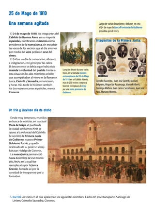 El 24 de mayo de 1810, los integrantes del
Cabildo de Buenos Aires, en su mayoría
españoles, nombraron a Cisneros como
presidente de la nueva Junta, sin escuchar
las voces de los vecinos que el día anterior
por medio del voto pedían el cese del
virrey.
El 24 fue un día de conmoción, alboroto
e indignación, con gente por las calles.
El descontento se debía a que había sido
desoída la voluntad del pueblo. Frente a
esta situación los dos miembros criollos
que acompañaban al virrey en la flamante
Junta, Castelli y Saavedra, renunciaron,
y horas más tarde lo hicieron también
los dos representantes españoles, menos
Cisneros.
Un frío y lluvioso día de otoño
Desde muy temprano, reunidos
en busca de noticias, en la actual
Plaza de Mayo, el pueblo de
la ciudad de Buenos Aires se
opuso a la voluntad del Cabildo.
Se nombró la Primera Junta
de Gobierno, nuestro Primer
Gobierno Patrio, y quedó
destituido de su poder el virrey
Baltasar Hidalgo de Cisneros.
La nueva Junta permaneció
hasta diciembre de ese mismo
año, fecha en la cual fue
reemplazada por la Junta
Grande, llamada así por la
cantidad de integrantes que la
formaban.
Una semana agitada
Luego de debatir durante varias
horas, en la llamada reunión
extraordinaria del 22 de Mayo
de 1810,en un Cabildo Abierto,
más de 250 vecinos votaron a
favor de reemplazar al virrey
por una Junta provisoria de
Gobierno.
Luego de varias discusiones y debates se crea
el 24 de mayo la Junta Provisoria de Gobierno
presidida por el virrey.
1. Escribí un texto en el que aparezcan los siguientes nombres: Carlos IV; José Bonaparte; Santiago de
Liniers; Cornelio Saavedra; Cisneros.
Integrantes de la Primera Junta:
Cornelio Saavedra, Juan José Castelli, Manuel
Belgrano, Miguel de Azcuénaga, Manuel Alberti,
Domingo Matheu, Juan Larrea. Secretarios: Juan José
Paso, Mariano Moreno.
25 de Mayo de 1810
 