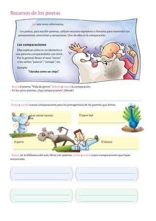 Recursos de los poetas
Leé este texto informativo.
Los poetas, para escribir poemas, utilizan recursos expresivos o literarios para transmitir sus
pensamientos, emociones y sensaciones. Uno de ellos es la comparación.
Las comparaciones
Ellas explican cómo es un elemento o
una persona comparándolos con otros.
Por lo general, llevan el nexo “como”
o los verbos “parecer”, “semejar”, etc.
Ejemplo:
“Lloraba como un viejo”.
Buscá el poema “Vida de perros”. Releelo y marcá la comparación.
• En los otros poemas, ¿hay comparaciones? ¿Dónde?
Pensá y escribí nuevas comparaciones para los protagonistas de los poemas que leímos.
Buscá, en la biblioteca del aula, libros con poemas. Leelos y anotá cuatro comparaciones que hayas
encontrado.
Los veinte ratones El pavo real
El perro El doctor
 