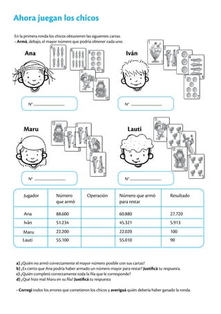 Ahora juegan los chicos
En la primera ronda los chicos obtuvieron las siguientes cartas.
- Armá, debajo, el mayor número que podría obtener cada uno.
Ana Iván
Maru Lauti
Jugador Número
que armó
Operación Número que armó
para restar
Resultado
Ana
Iván
Maru
Lauti
88.600
51.234
22.200
55.100
60.880
45.321
22.020
55.010
27.720
5.913
100
90
a) ¿Quién no armó correctamente el mayor número posible con sus cartas?
b) ¿Es cierto que Ana podría haber armado un número mayor para restar? Justificá tu respuesta.
c) ¿Quién completó correctamente toda la fila que le corresponde?
d) ¿Qué hizo mal Maru en su fila? Justificá tu respuesta
- Corregí todos los errores que cometieron los chicos y averiguá quién debería haber ganado la ronda.
N° ........................................
N° ........................................
N° ........................................
N° ........................................
 