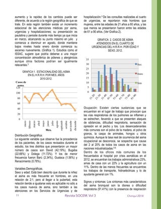 aumento y la rapidez de los cambios puede ser
diferente, de acuerdo a la región geográfica de que se
trate. En esta región también existe un incremento
estacional de las atenciones médicas por asma,
urgencias y hospitalizaciones; su presentación es
paulatina y persiste durante más tiempo ya que inicia
en marzo, alcanzando su punto máximo en julio y
comienza a disminuir en agosto, donde mantiene
bajos niveles hasta enero donde comienza su
ascenso nuevamente. (Gráfica 1). Estudios como el
ISSAC, sugiere que podría deberse a una mayor
concentración atmosférica de pólenes y alergénicos
aunque otros factores podrían ser igualmente
relevantes.3
!
Distribución Geográfica:
La siguiente variable que observe fue la procedencia
de los pacientes, de los casos revisados durante el
estudio, los tres distritos que presentaron un mayor
número de casos son David (42.19%), Bugaba
(22.66%) y Dolega (11.72%). Y los de menor
frecuencia fueron Barú (2.34%), Gualaca (1.56%) y
Renacimiento (0.78%).
!
Variables Demográficas.
Sexo y edad: Está bien descrito que durante la niñez
el asma es más frecuente en hombres, en una
relación de 2:1, pero al llegar a la pubertad, esta
relación tiende a igualarse esto es aplicable no sólo a
los casos nuevos de asma, sino también a las
atenciones en los Servicios de Urgencias y de
hospitalización.4 De las consultas realizadas al cuarto
de urgencias, se reportaron más hombres que
mujeres, entre las edades de 21 años a 60 años, y las
que menos se presentaron fueron entre las edades
de 61 a 90 años. (Ver Grafica 2).
!
!
Ocupación: Existen ciertas sustancias que se
encuentran en el lugar de trabajo que provocan que
las vías respiratorias de los pulmones se inflamen y
se estrechen, llevando a que se presenten ataques
de sibilancias, dificultad respiratoria, sensación de
opresión en el pecho y tos. Los desencadenantes
más comunes son el polvo de la madera, el polvo de
granos, la caspa de animales, hongos u otros
químicos. Aunque la tasa real de ocurrencia del asma
ocupacional se desconoce, se sospecha que causa
del 2 al 20% de todos los casos de asma en las
naciones industrializadas.5-6.
Dentro de los oficios más comunes de los
frecuentados al hospital por crisis asmáticas en el
2012, se encuentran los trabajos administrativos 23%,
amas de casa con un 22% y la agricultura con un
11%. Dentro de las menos frecuentes se encuentras
los trabajos de transporte, hidroeléctricas y lo de
ayudante general con 1%.
!
Signos y síntomas: Los síntomas más característicos
del asma bronquial son la disnea o dificultad
respiratoria (91.41%) con la presencia de respiración
Chiriquí 2014Revista SOCEM. Vol 311
 